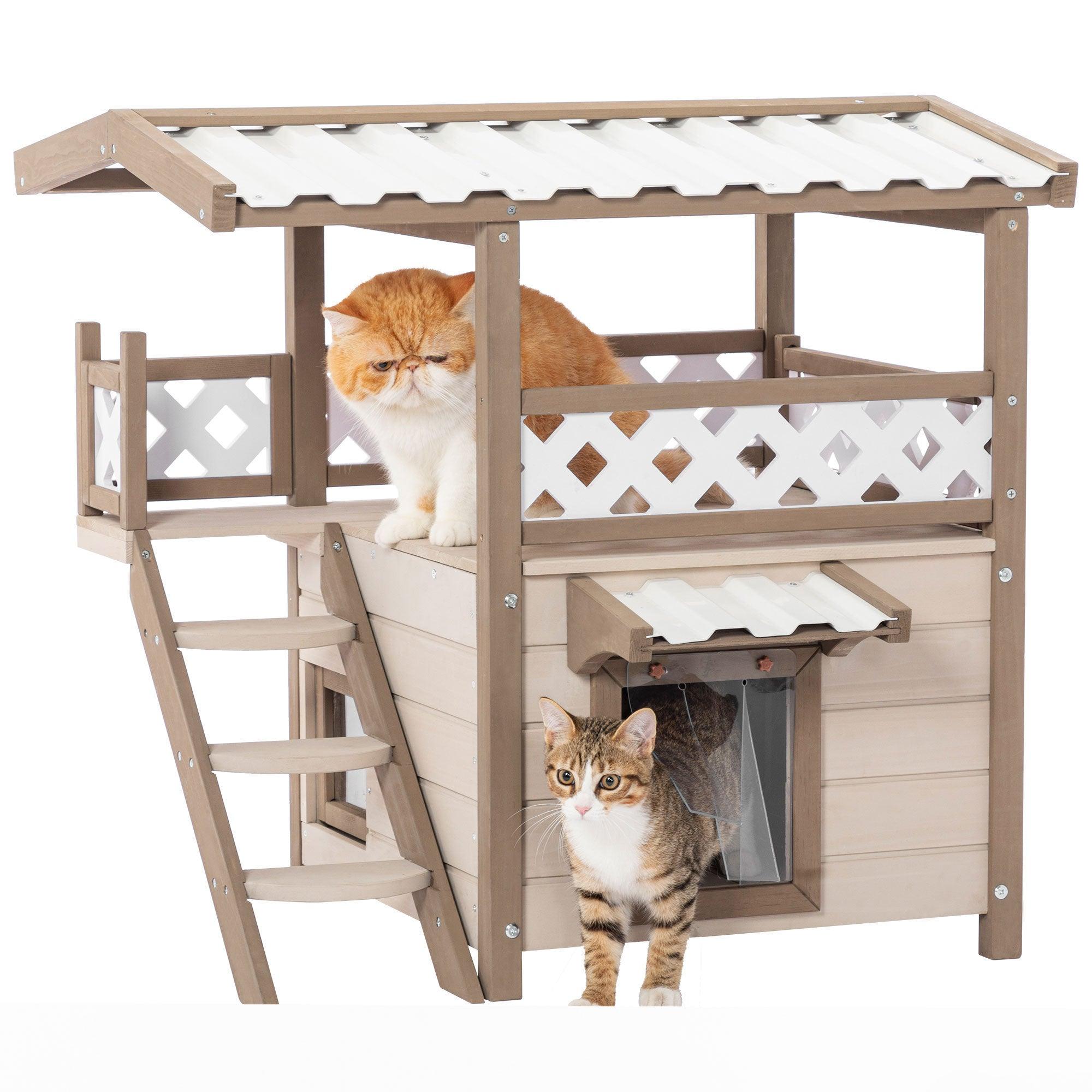 Feral Cat House Outdoor Indoor Kitty Houses With Durable PVC Roof, Escape Door, Curtain And Stair, 2 Story Design Perfect For Multi Cats