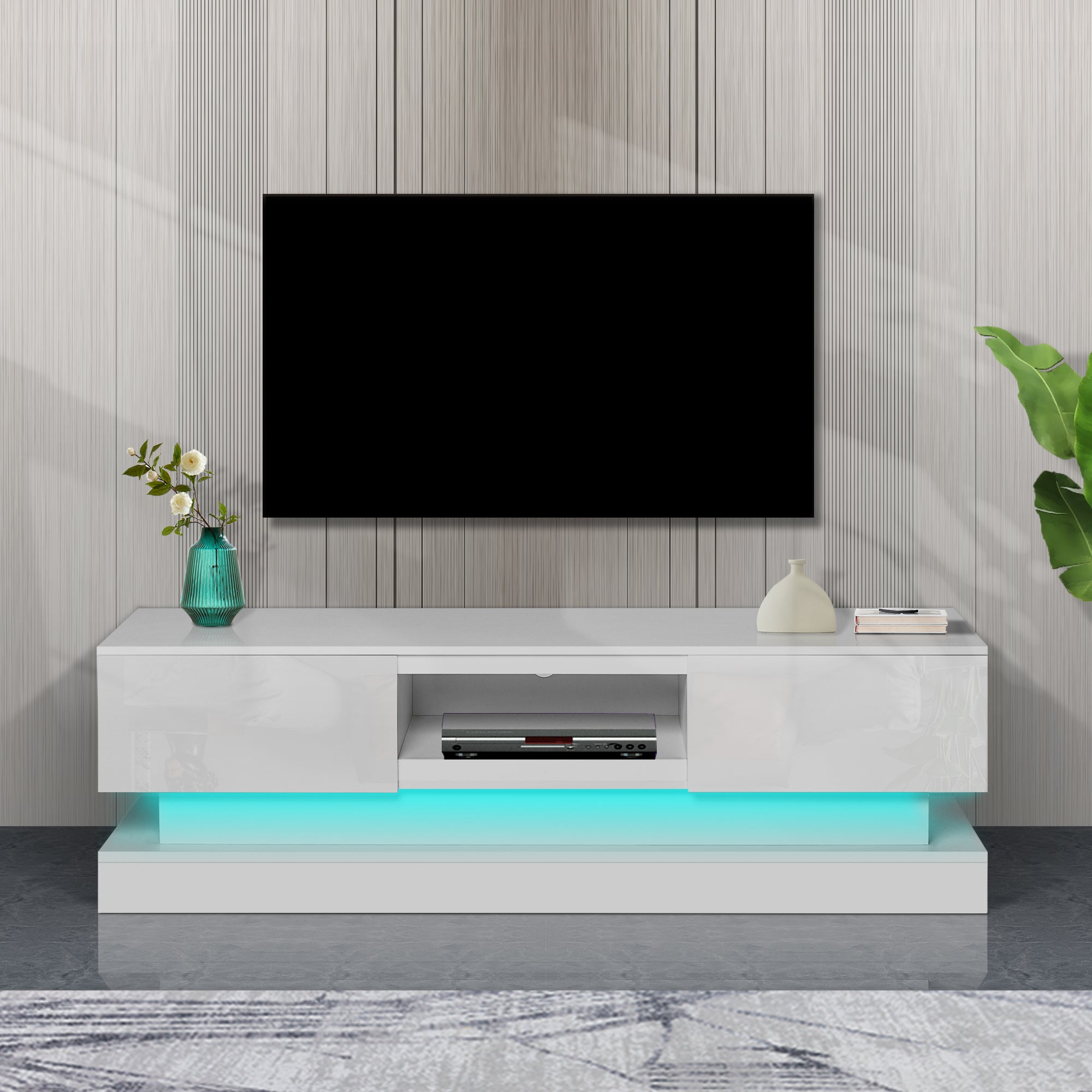 🆓🚛 63" Tv Stand With Led Lights, High Glossy Front Tv Cabinet, Can Be Assembled In Lounge Room, Living Room Or Bedroom, White