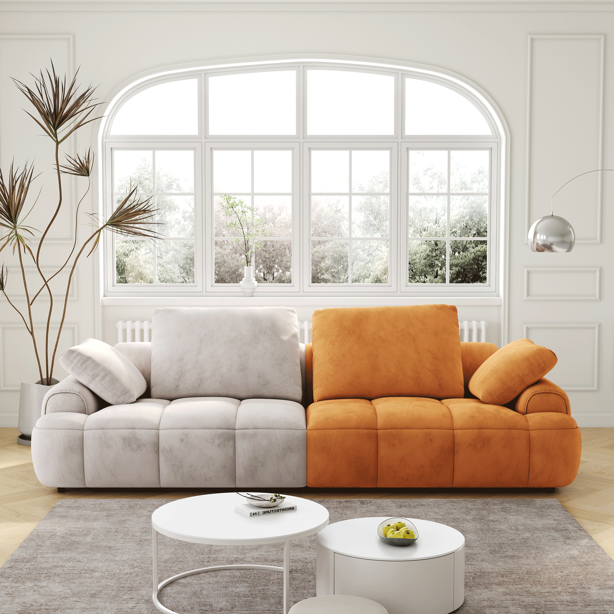 🆓🚛 86.6″ Large Size Two Seat Sofa, Modern Upholstered, Beige Paired With Yellow Suede Fabric