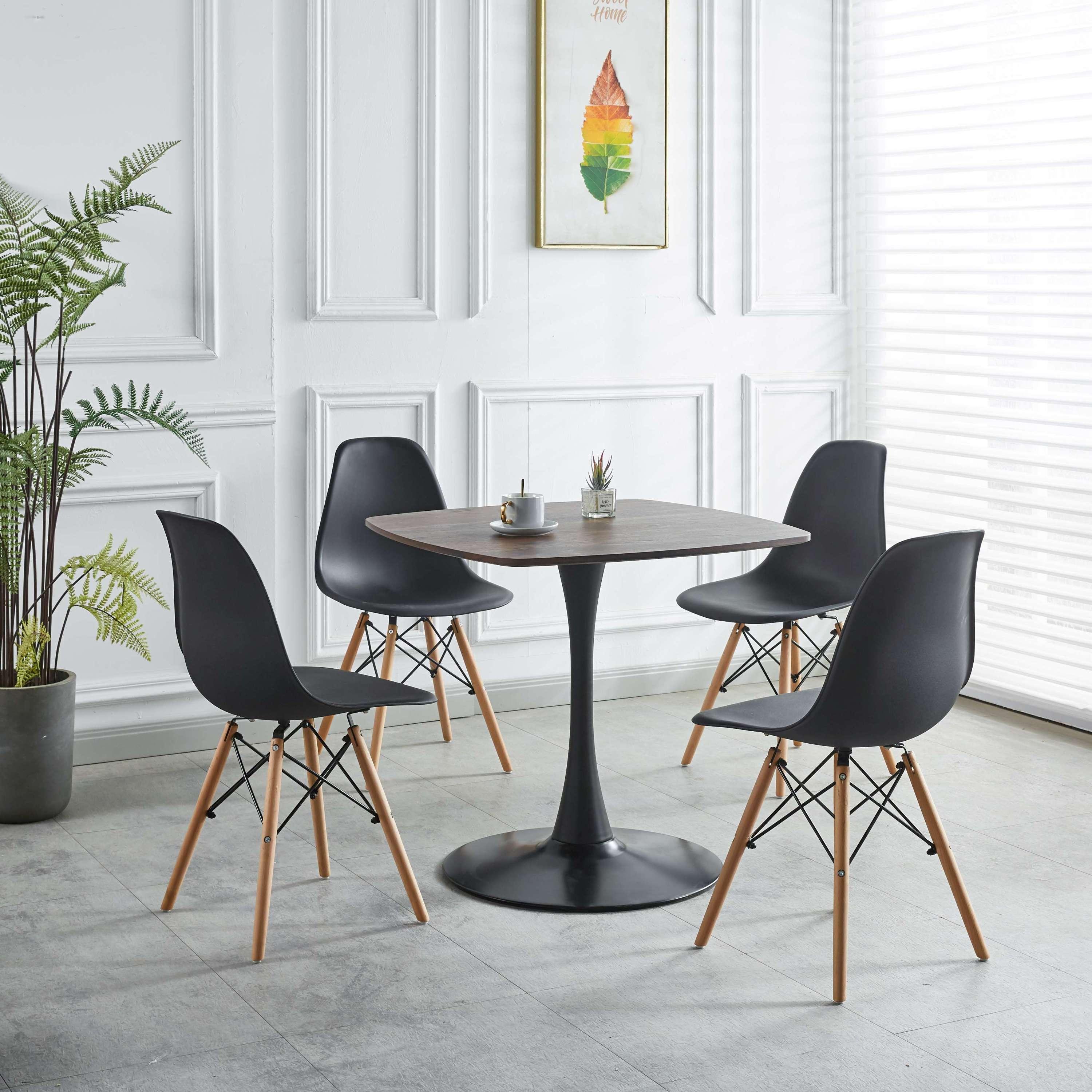 🆓🚛 5 Pcs Dining Set, 1 Square Mid-Century Dining Table With Mdf Table Top, 4 Black Chairs