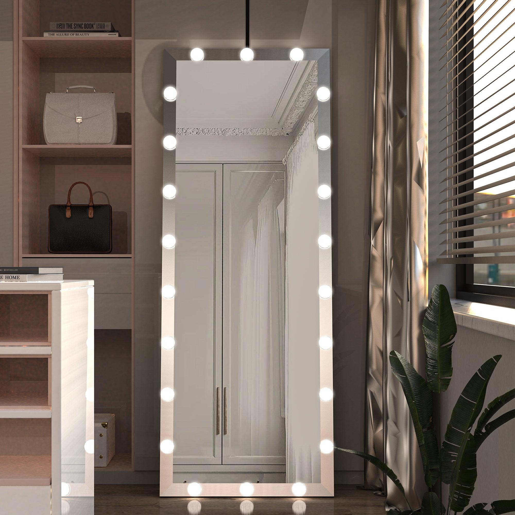 🆓🚛 Modern Wall Standing Bedroom Hotel Full Length Mirror With Led Bulbs Touch Control Whole Body Dressing Hollywood Vanity Mirror With 3 Color Lights