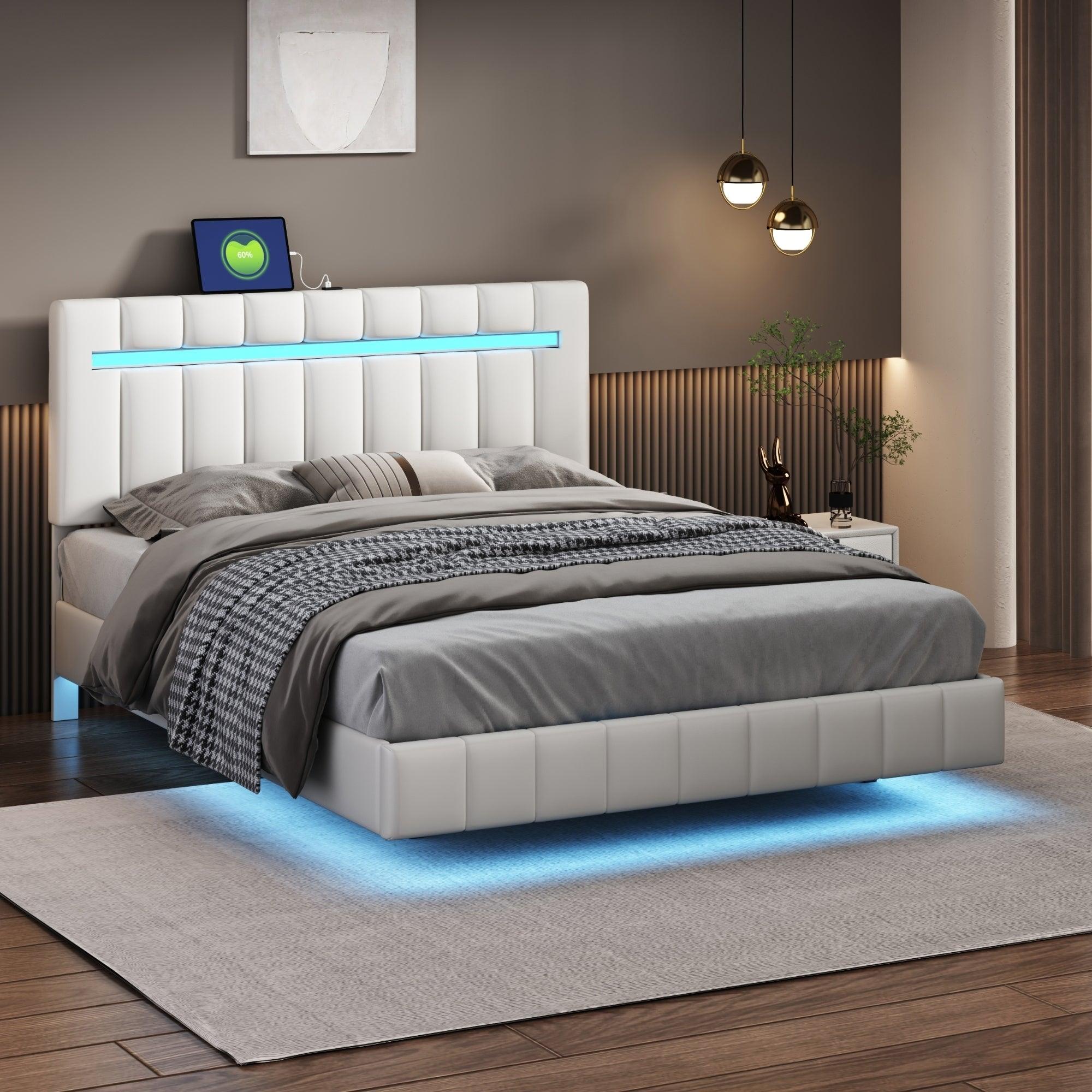 🆓🚛 Queen Size Floating Bed Frame With Led Lights & Usb Charging, Modern Upholstered Platform Led Bed Frame, White