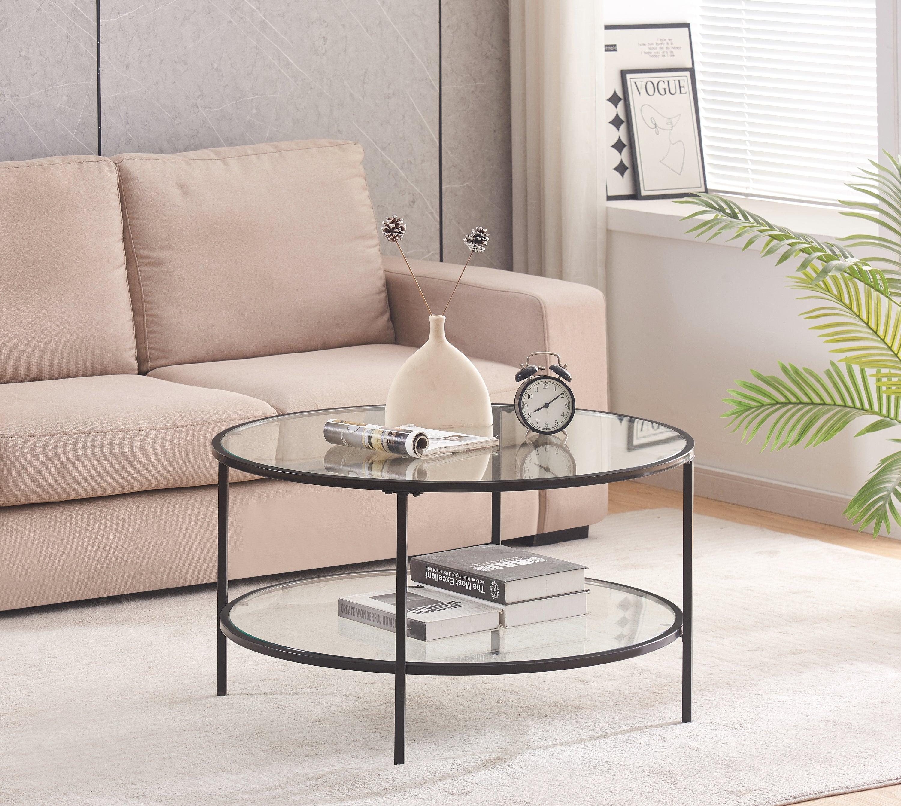 🆓🚛 2-Tier Round Glass Coffee Table, Black Frame