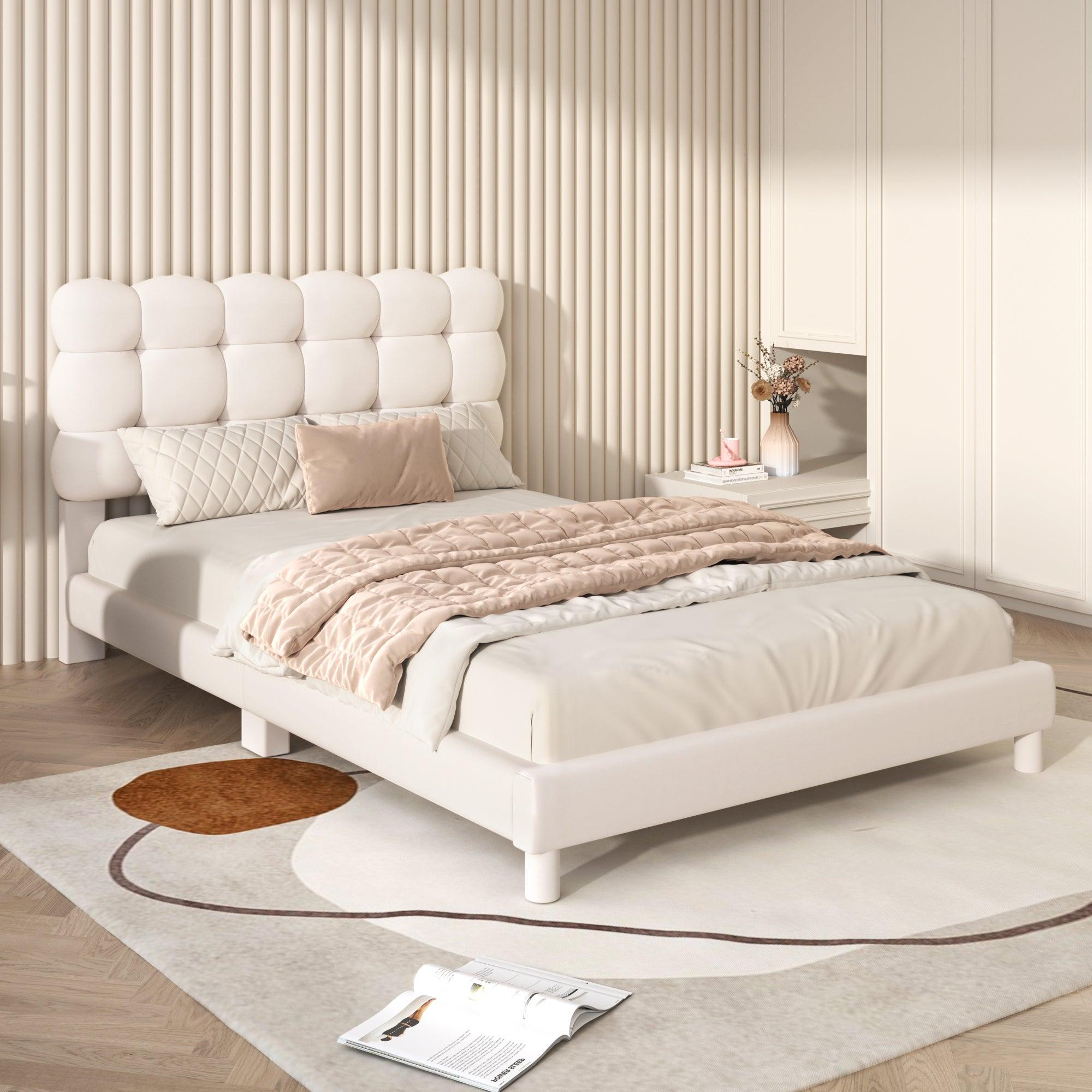 🆓🚛 Twin Size Upholstered Platform Bed With Soft Headboard, White