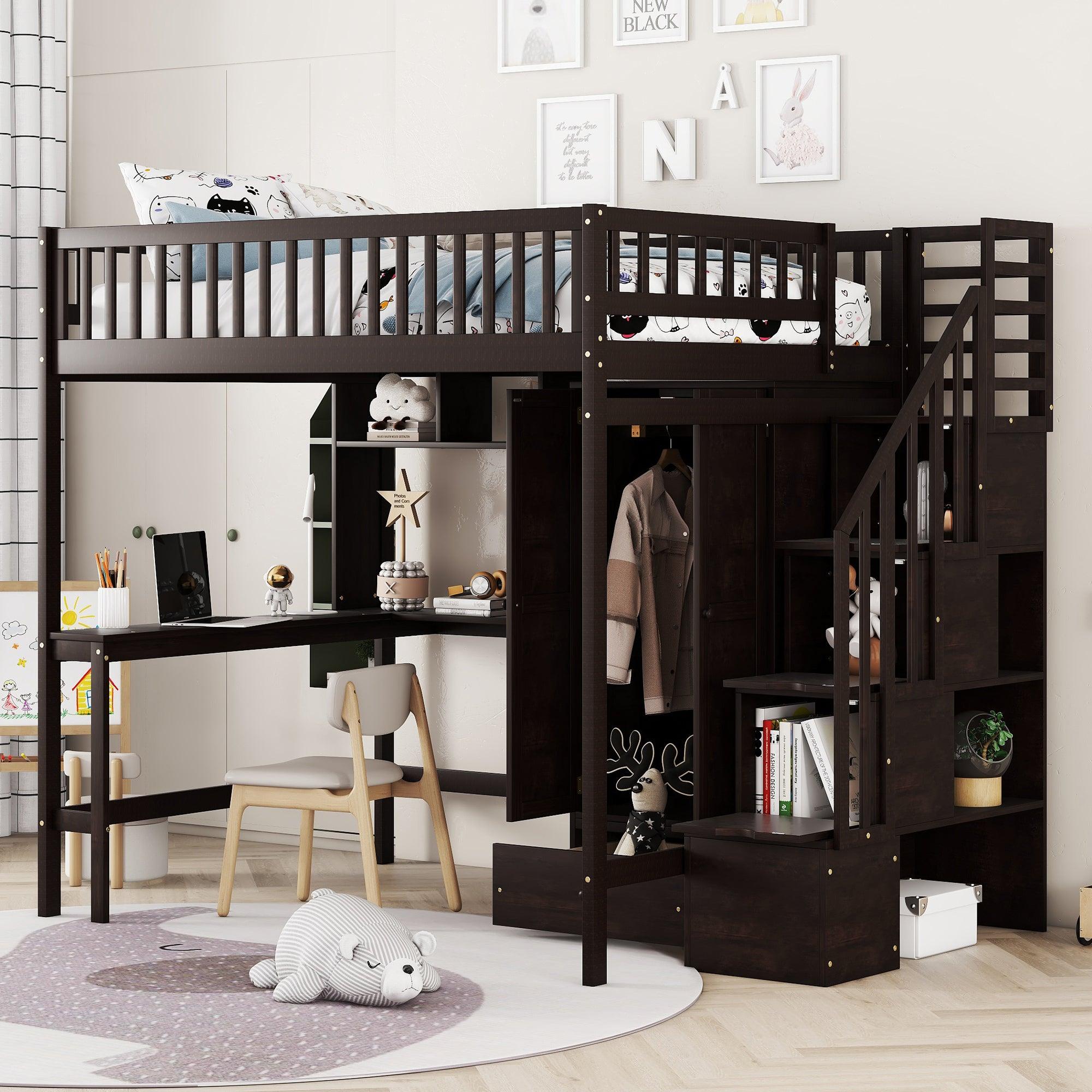 🆓🚛 Full Size Loft Bed With Bookshelf, Drawers, Desk, & Wardrobe-Espresso