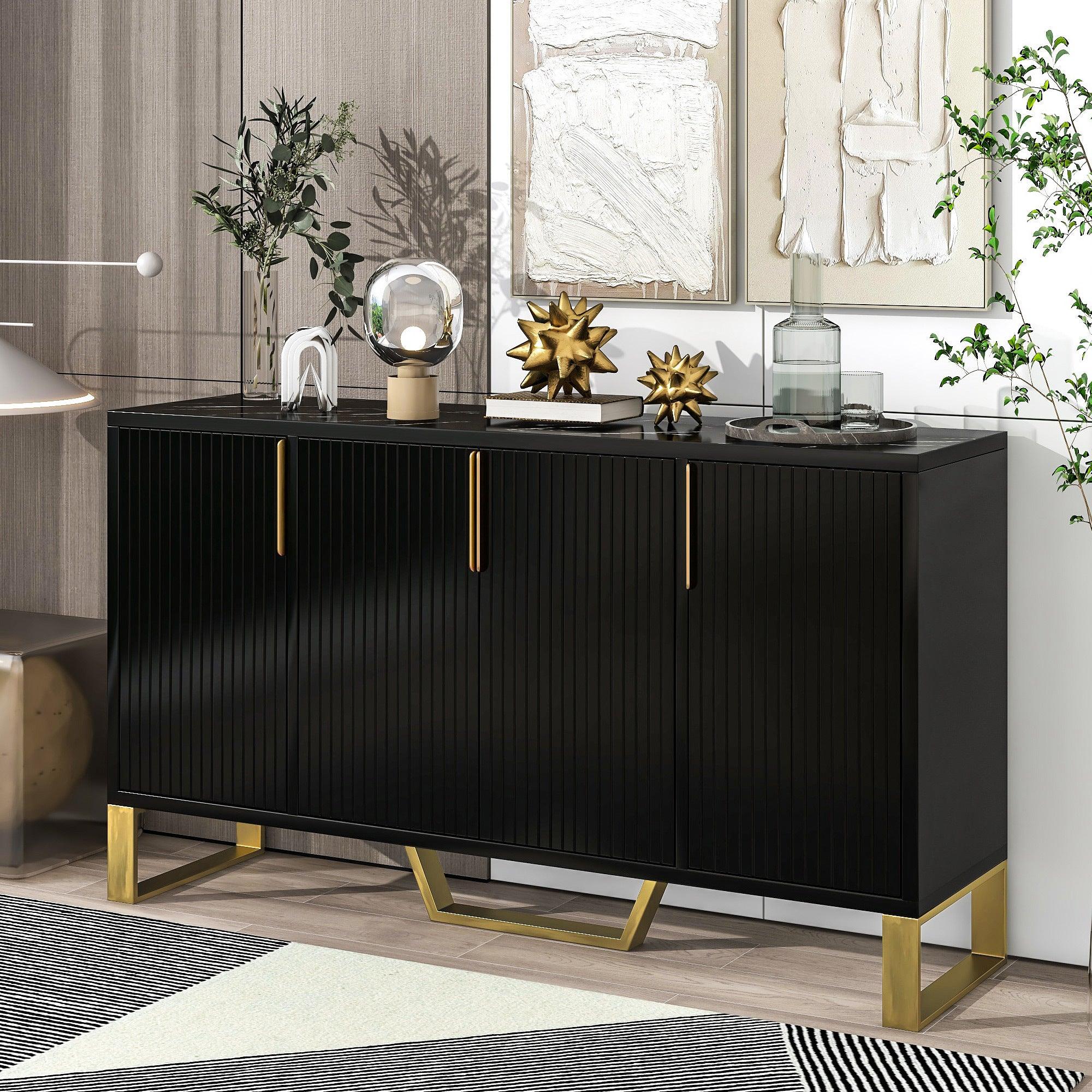 🆓🚛 Modern Sideboard With Four Doors, Metal Handles & Legs & Adjustable Shelves Kitchen Cabinet (Black)