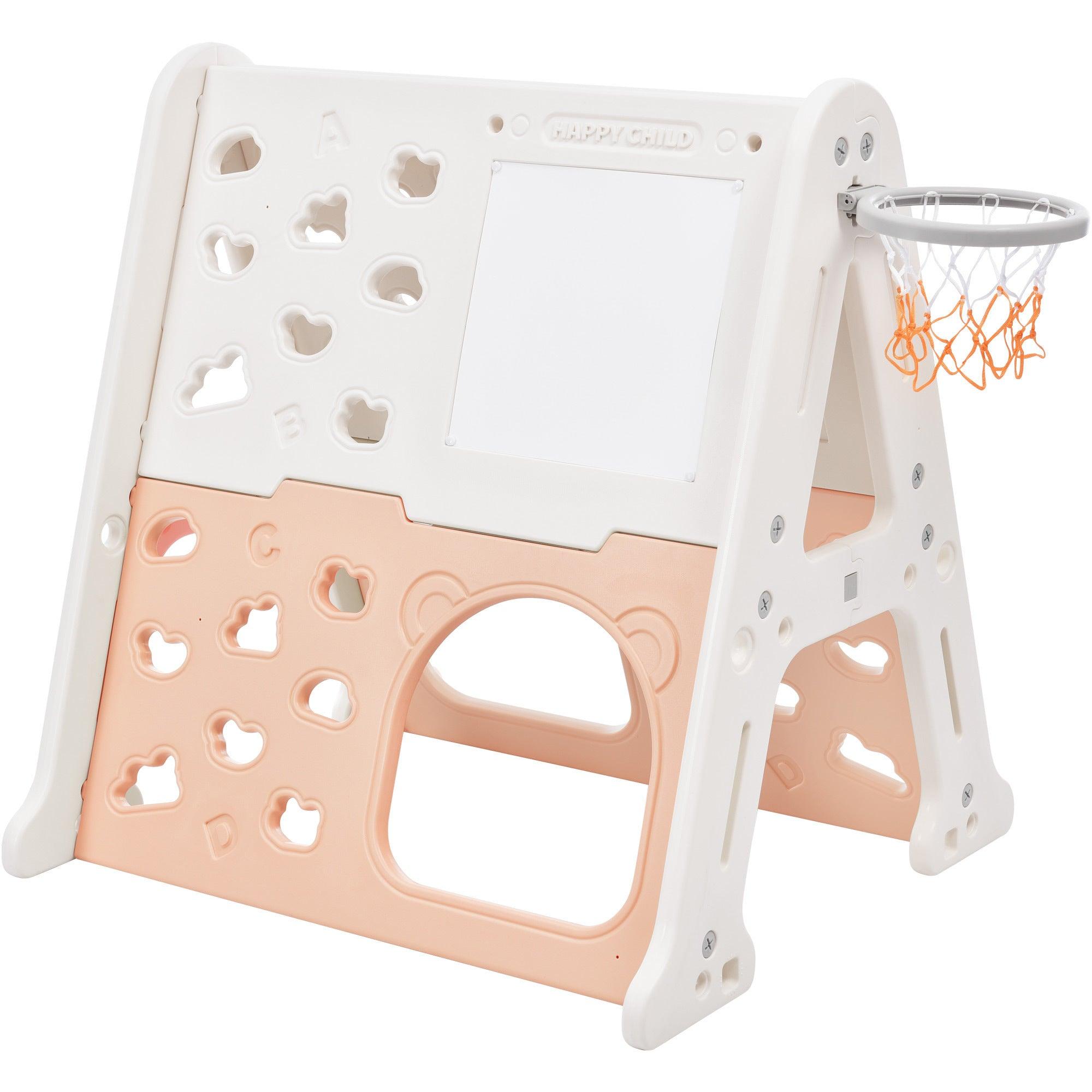 🆓🚛 5-in-1 Toddler Climber Basketball Hoop Set Kids Playground Playset With Tunnel, Climber, Whiteboard, Toy Building Block Baseplates for Babies, Light Pink