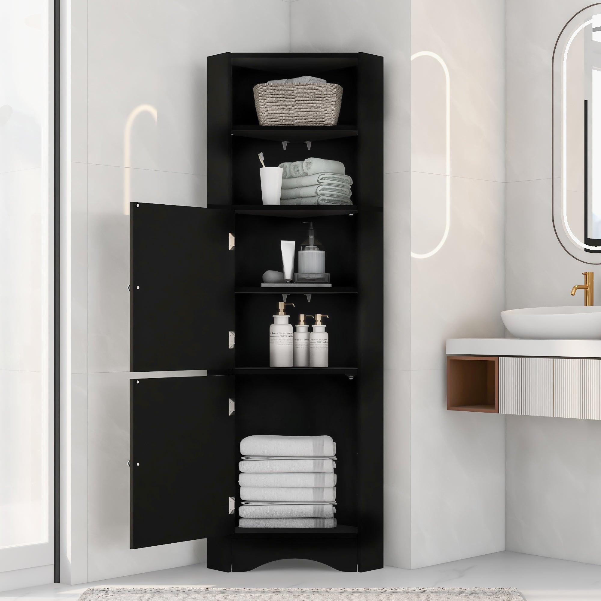 🆓🚛 Tall Bathroom Corner Cabinet, Freestanding Storage Cabinet With Doors & Adjustable Shelves, Black