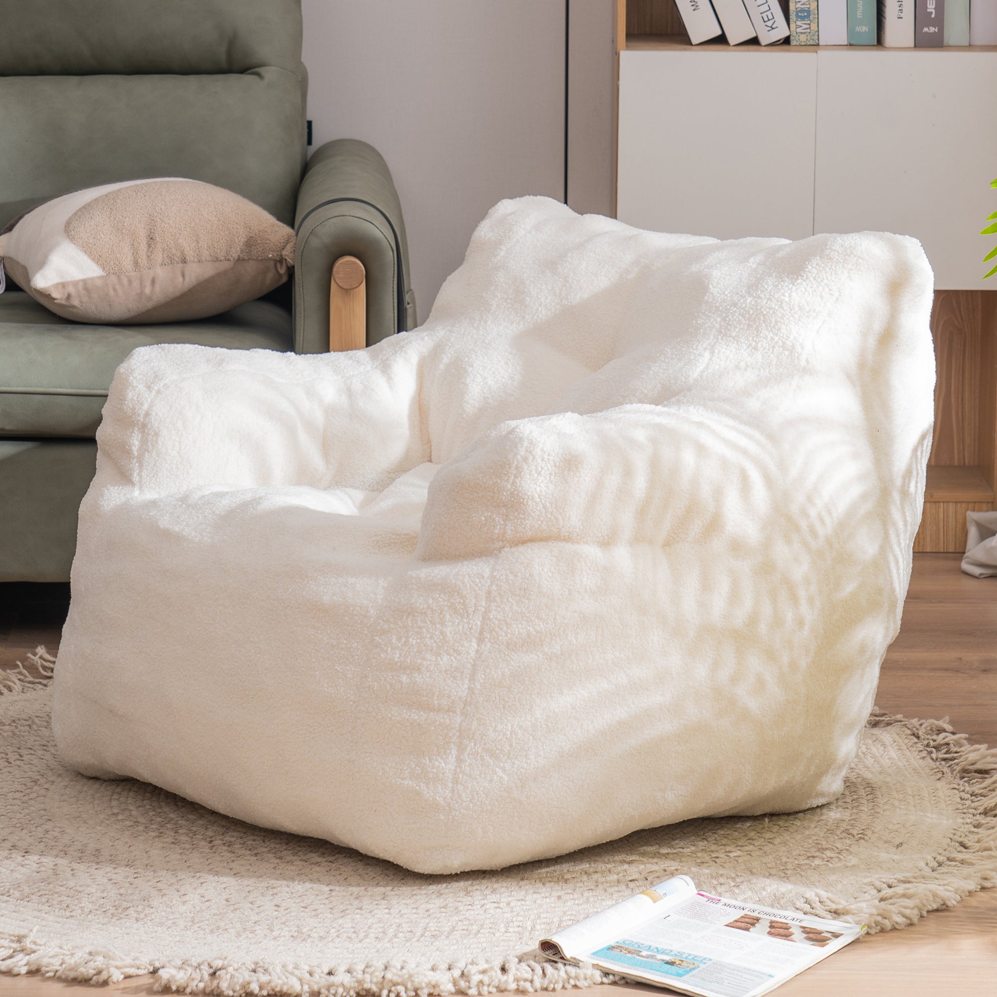 🆓🚛 Soft Tufted Foam Bean Bag Chair With Teddy Fabric, Ivory White