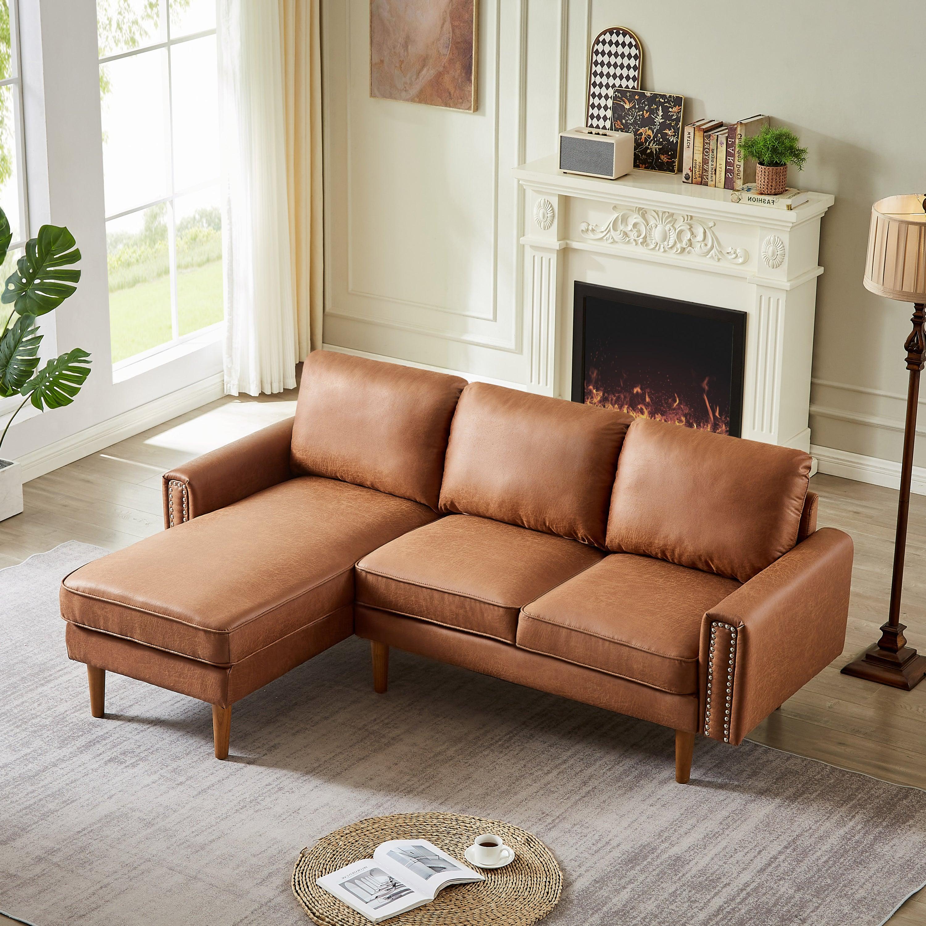 🆓🚛 82.2"L-Shape Sofa Couch With Chais Mid-Century Copper Nail On Arms, Strong Wooden Leg & Suede Fabric Design That Will Complement Any Living Space, Left Chaise, Brown