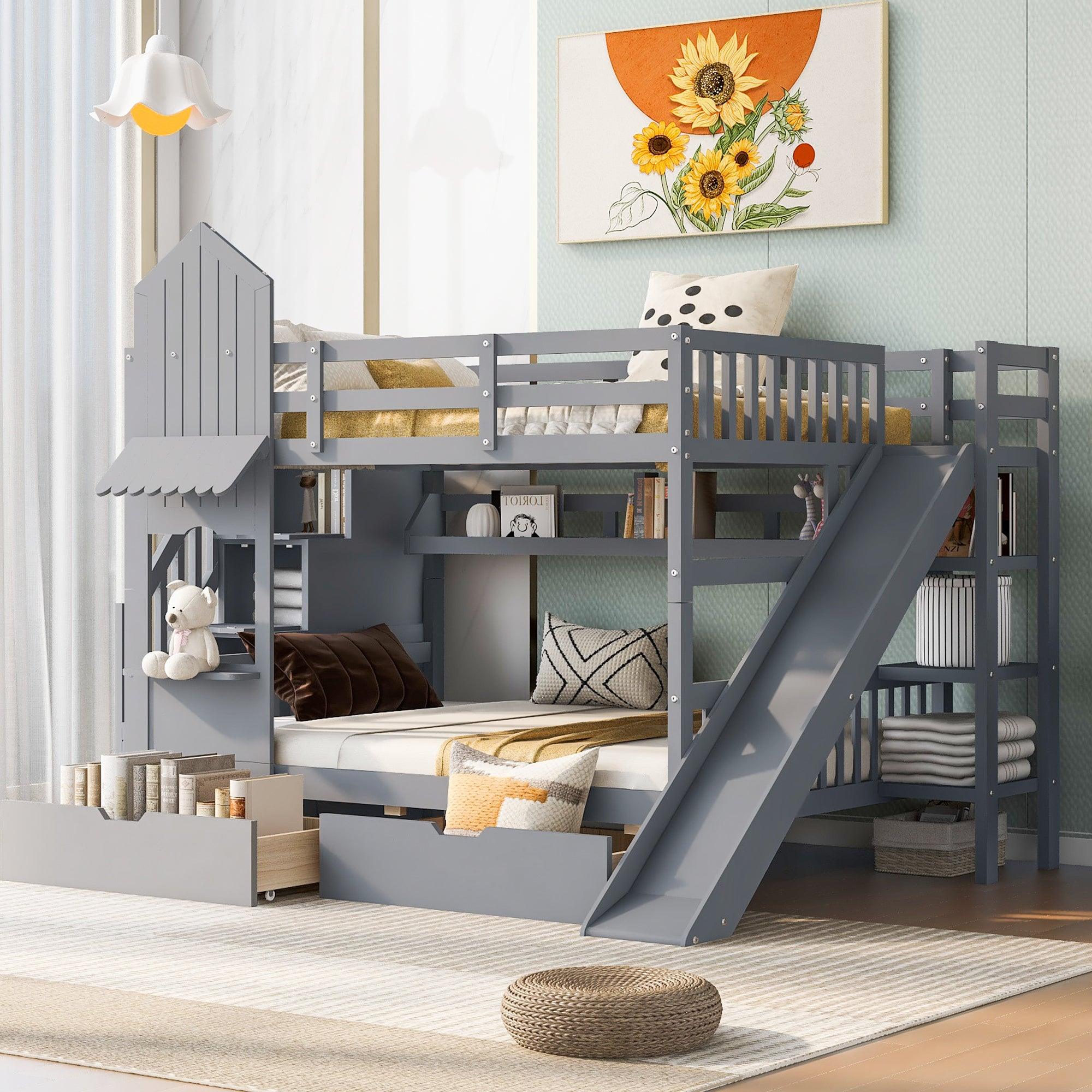 🆓🚛 Full-Over-Full Castle Style Bunk Bed With 2 Drawers 3 Shelves & Slide, Gray