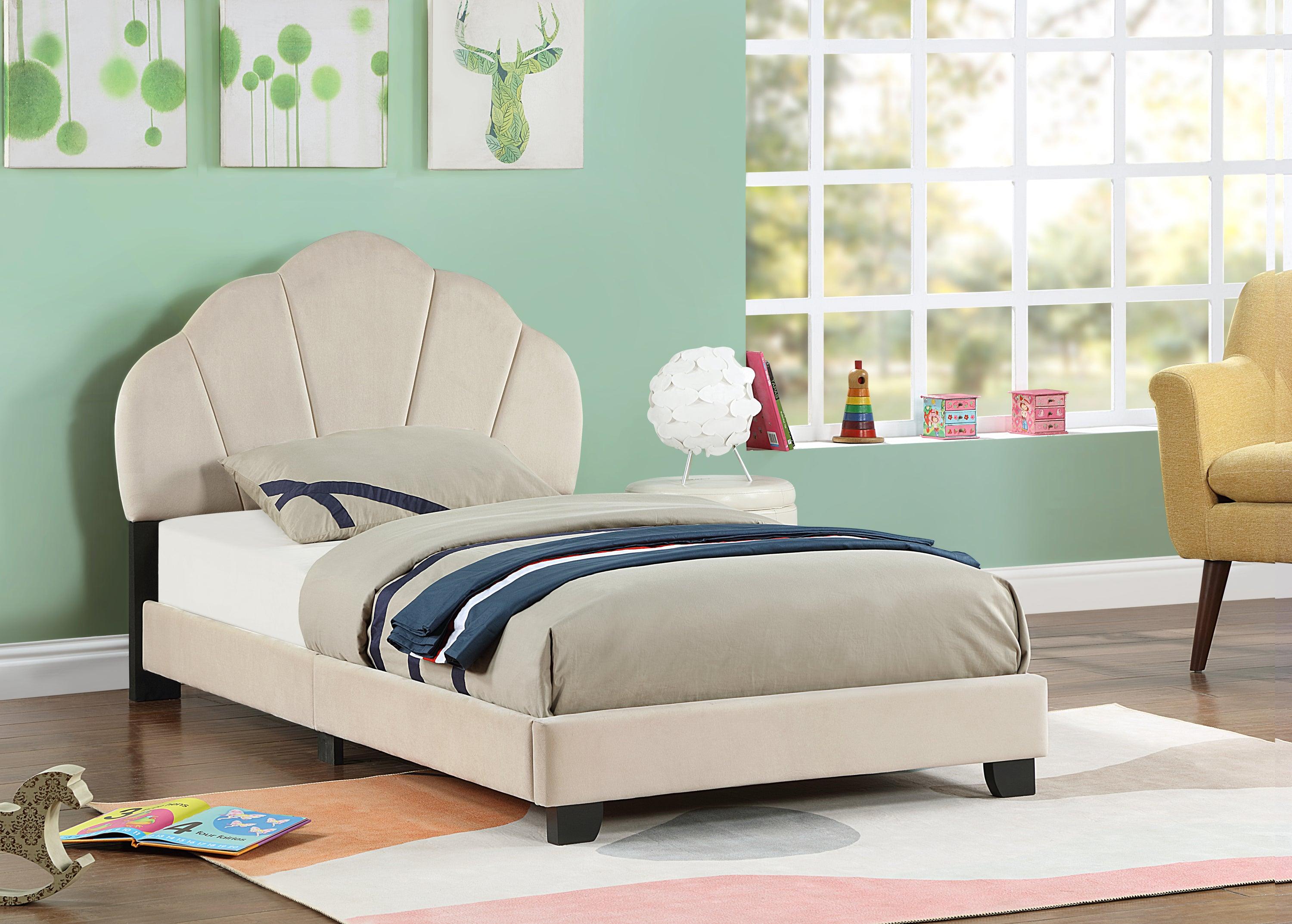 🆓🚛 Upholstered Twin Size Platform Bed for Kids, With Slatted Bed Base, No Box Spring Needed, White Color, Shell Design