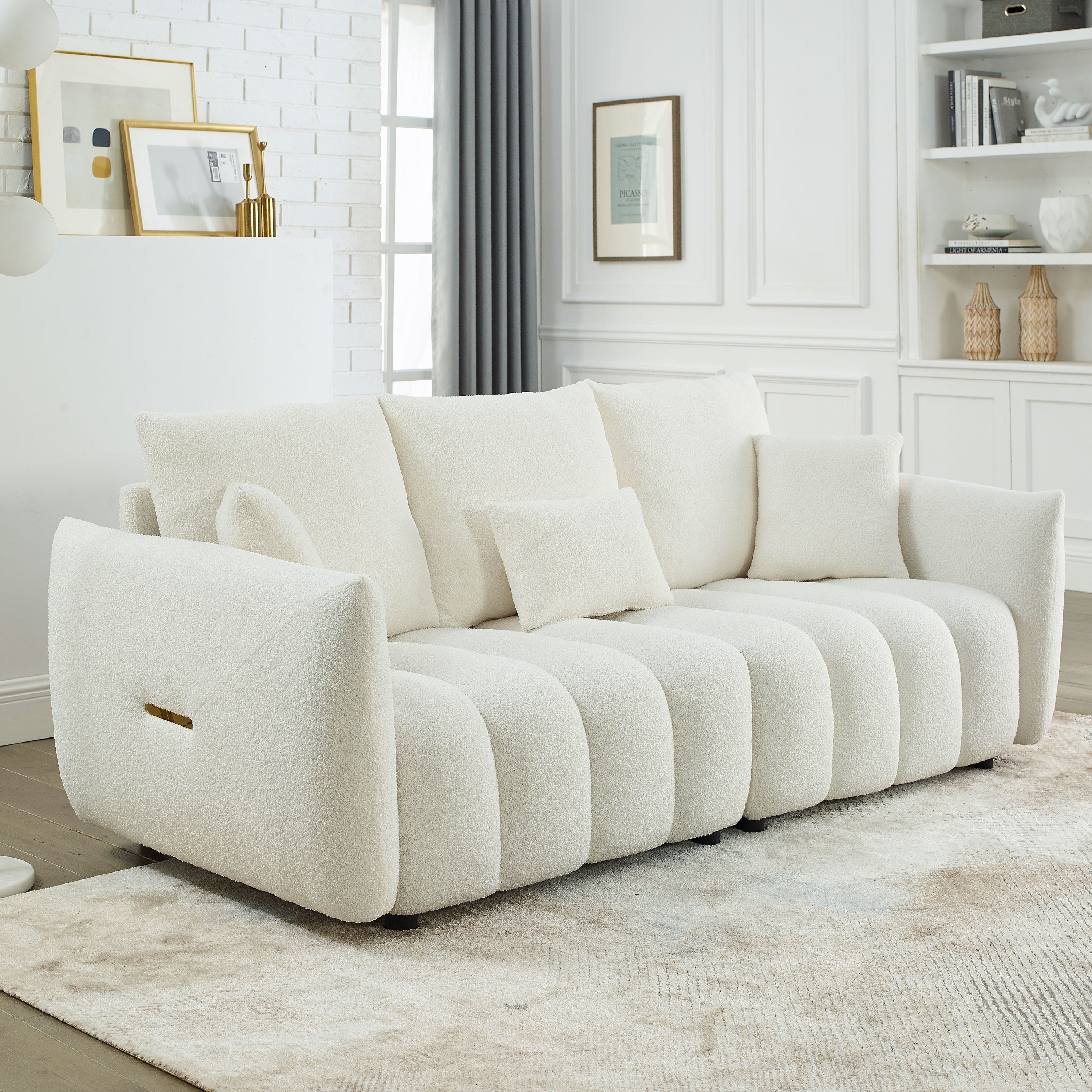 🆓🚛 82" Premium Teddy Velvet Sofa With 3 Back Pillows and 3 Back Cushions Solid Wood Frame 3-Seater Sofa, Beige