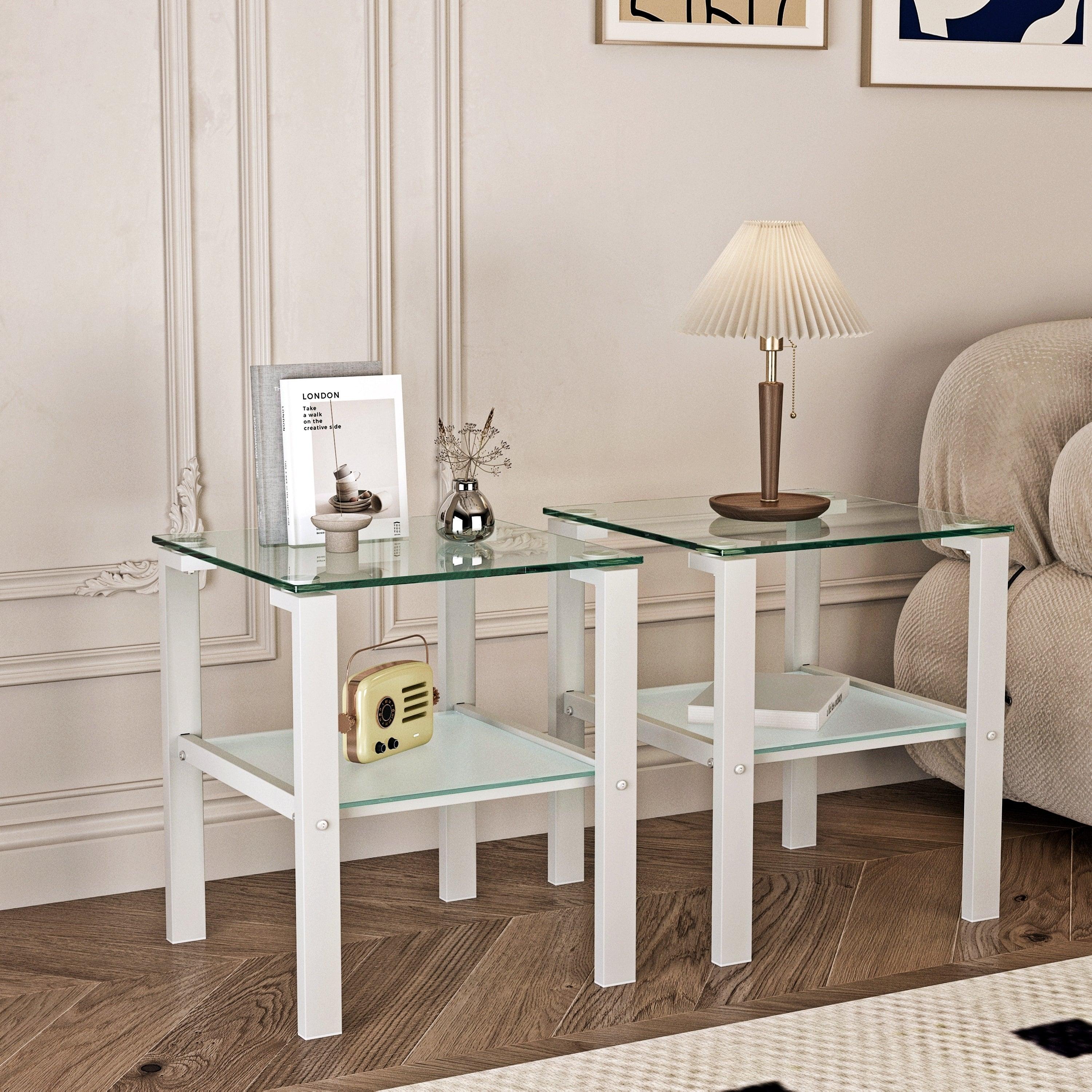 🆓🚛 Set Of 2, Glass Two Layer Tea Table, Small Round Table, Bedroom Corner Table, Living Room Side Table, White