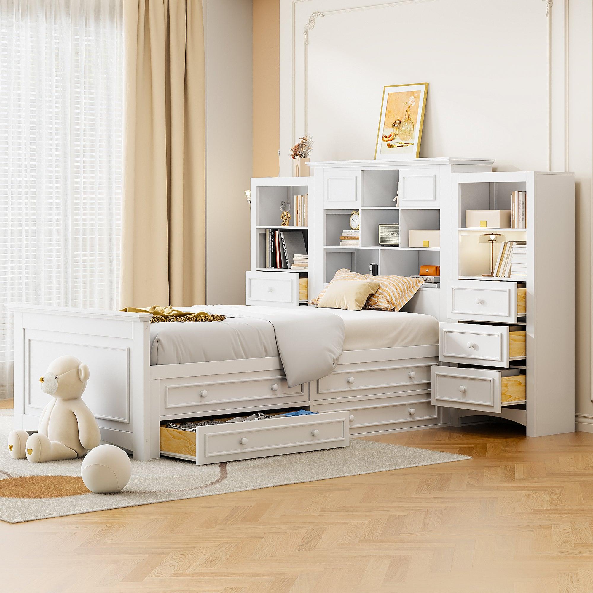 🆓🚛 Twin Size Wood Platformbed With Vertical All-in-One Cabinet & 4 Drawers On Each Side, White