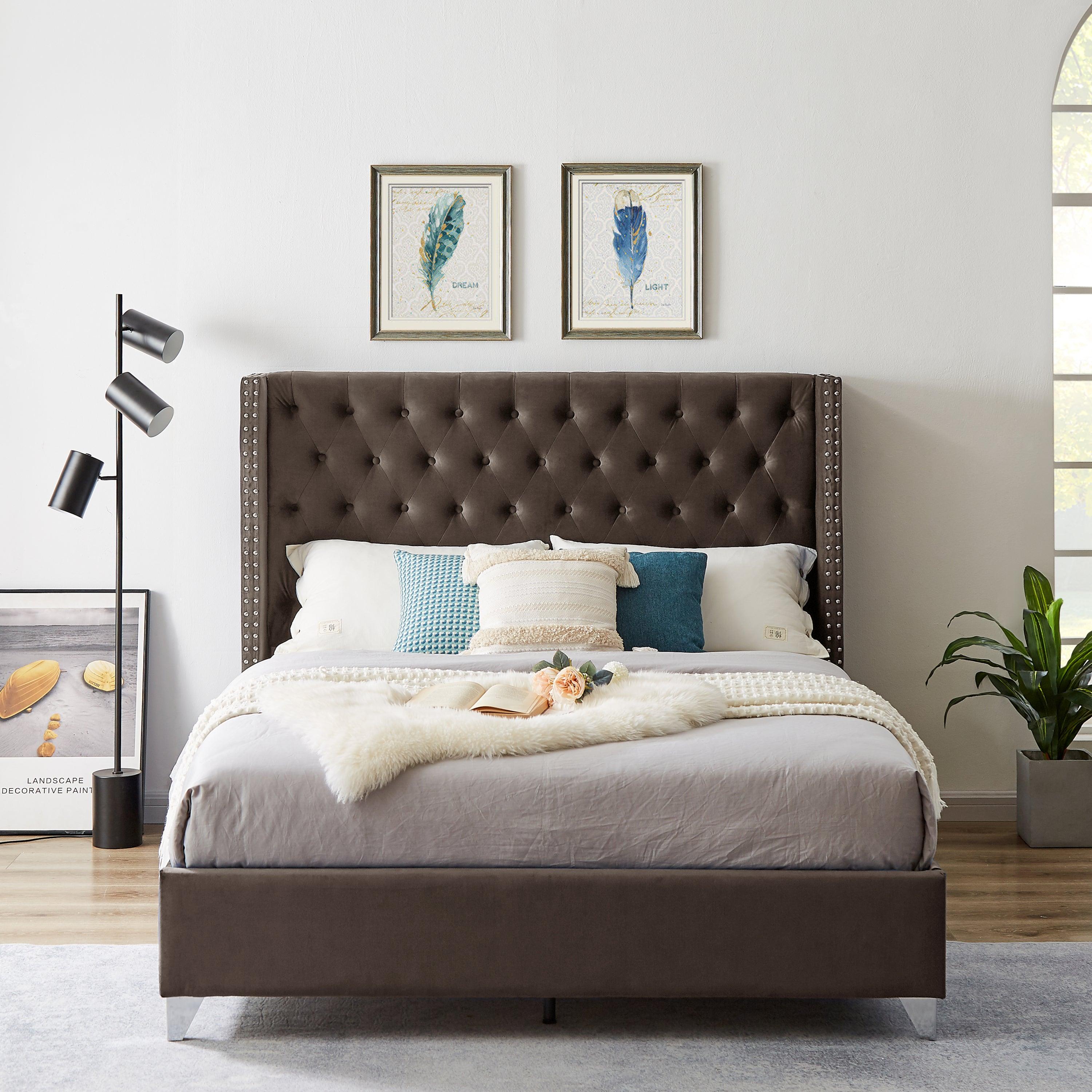🆓🚛 Queen Bed, Button Designed Headboard, Strong Wooden Slats + Metal Legs With Electroplate