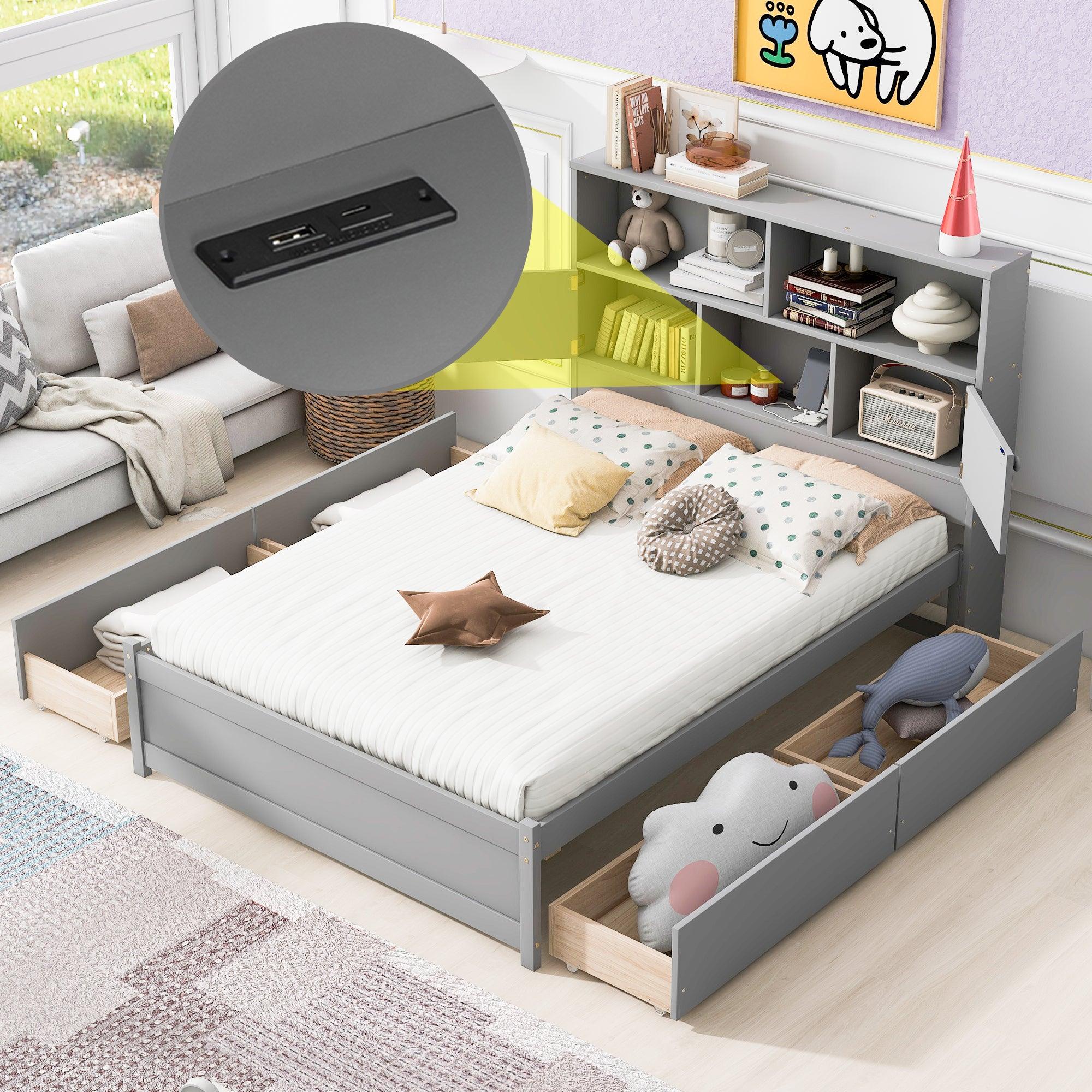 🆓🚛 Full Size Platform Bed With Storage Headboard, Charging Station & 4 Drawers, Gray