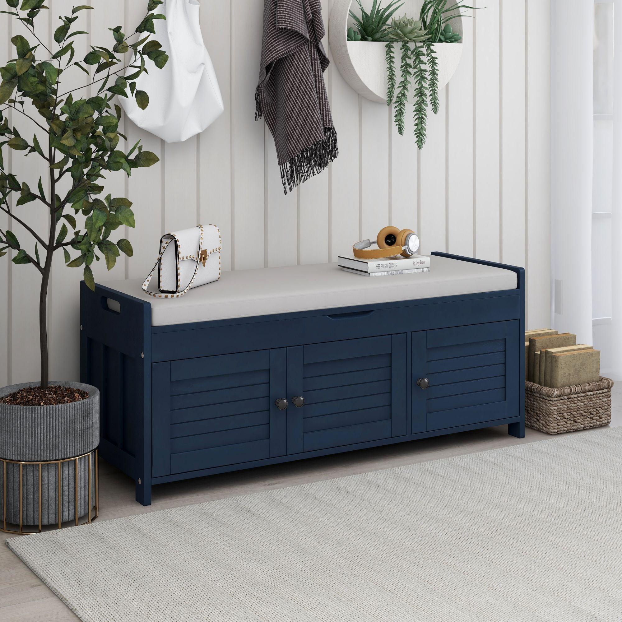 🆓🚛 Storage Bench With 3 Shutter-Shaped Doors, Shoe Bench With Removable Cushion & Hidden Storage Space Antique Navy,