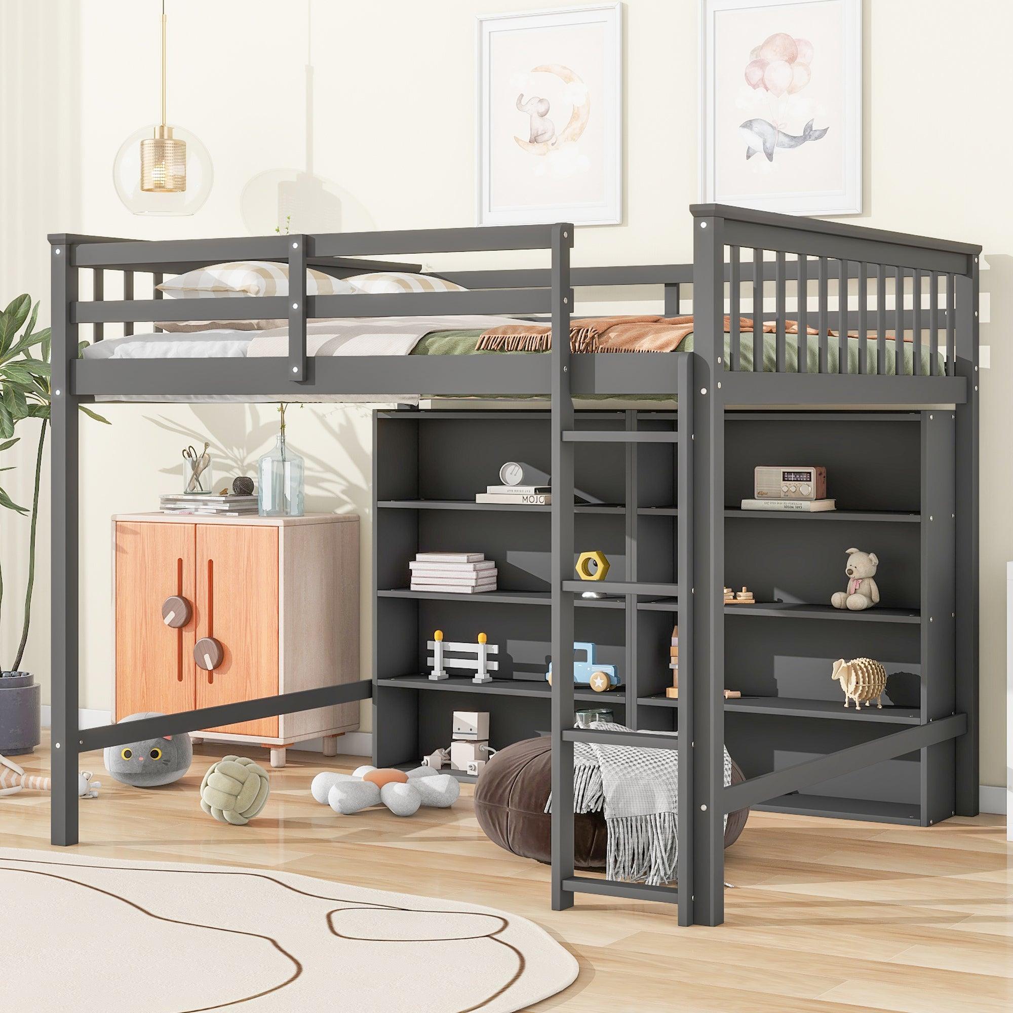 🆓🚛 Full Size Loft Bed With 8 Open Storage Shelves & Built-in Ladder, Gray
