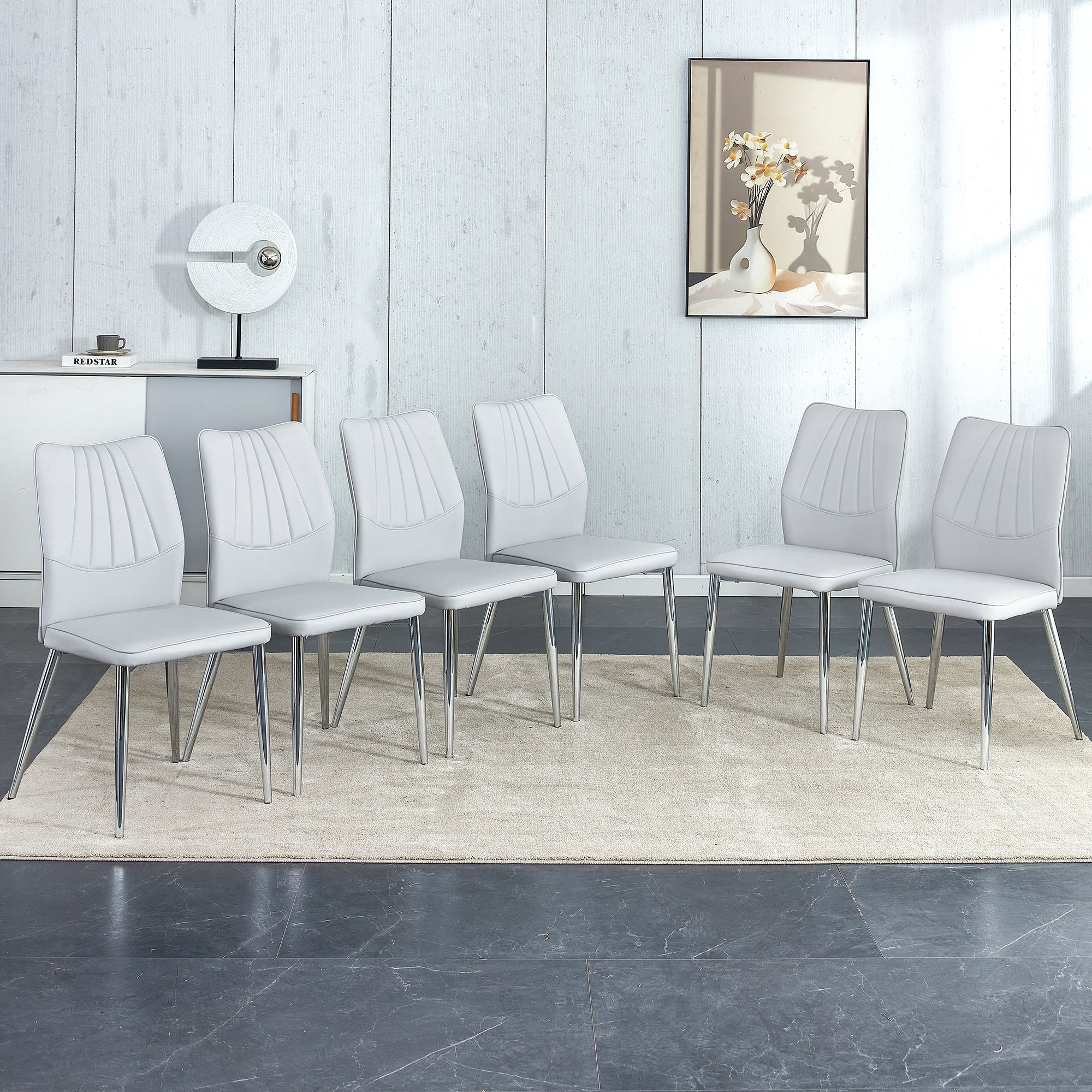 🆓🚛 6 Light Gray Dining Chairs Modern Chairs From The Middle Ages Made of Pu Material Cushion & Silver Metal Legs Suitable for Restaurants & Living Rooms C-009