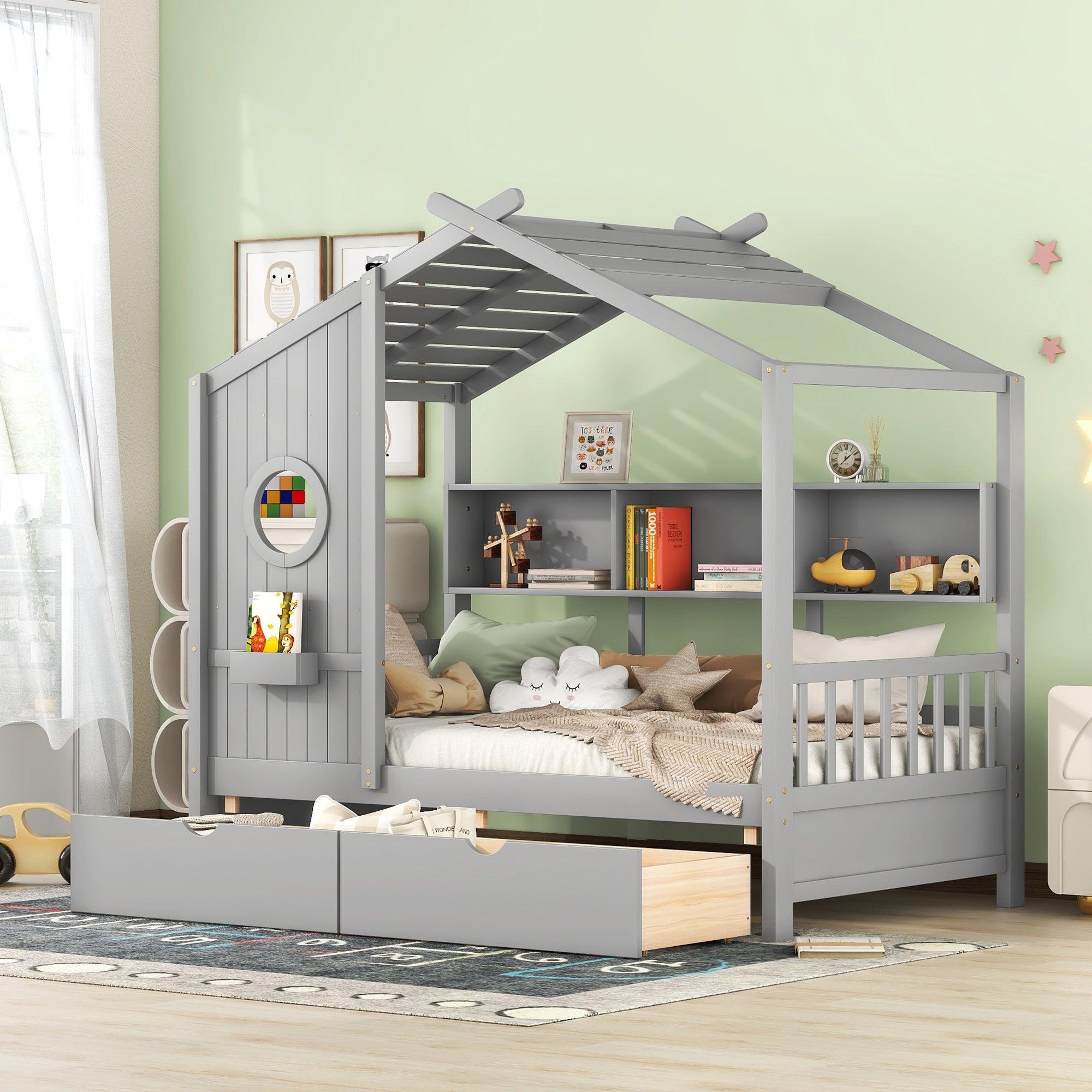 🆓🚛 Wooden Twin Size House Bed With 2 Drawers, Kids Bed With Storage Shelf, Gray