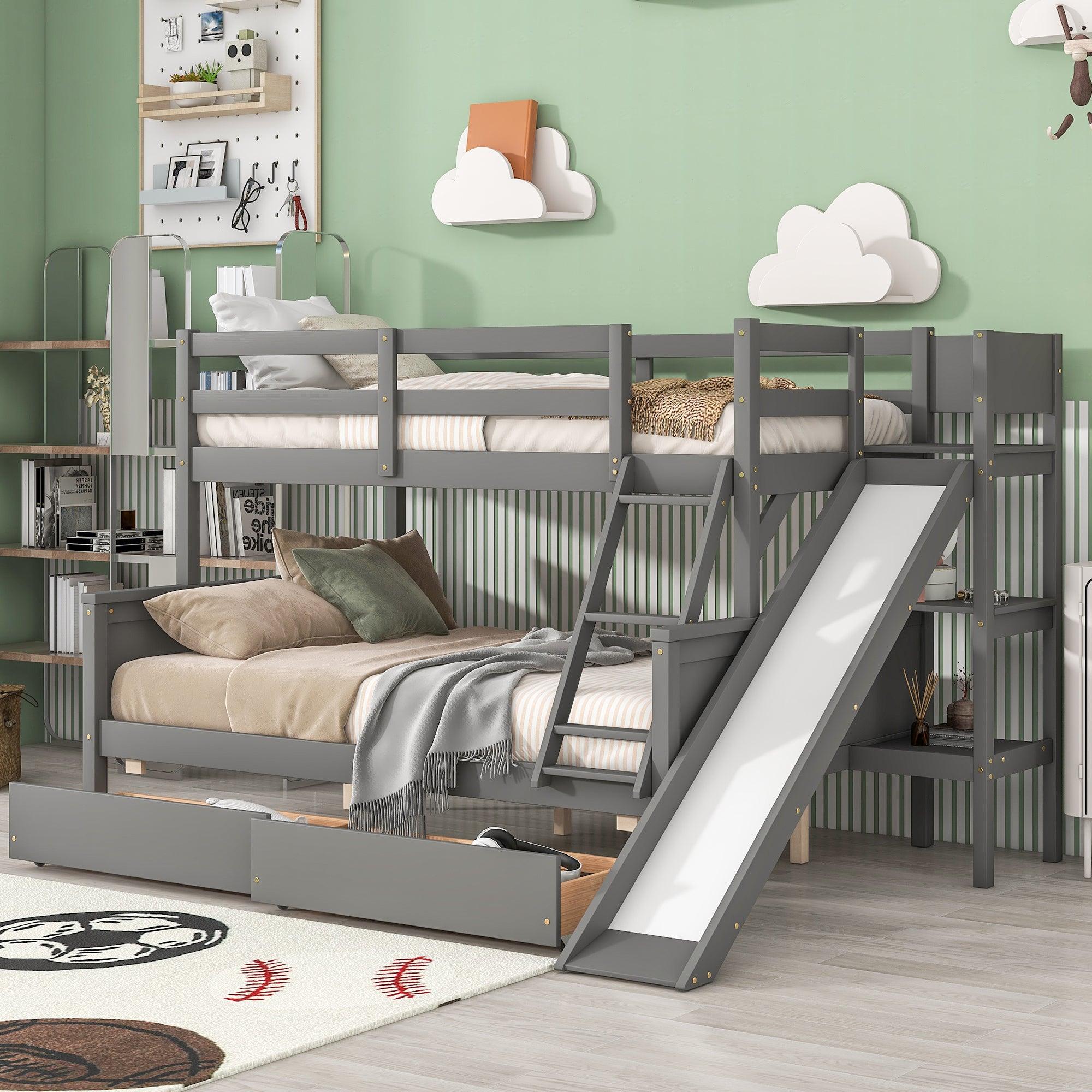 🆓🚛 Twin Over Full Bunk Bed With 2 Drawers, Slide, Shelves Gray