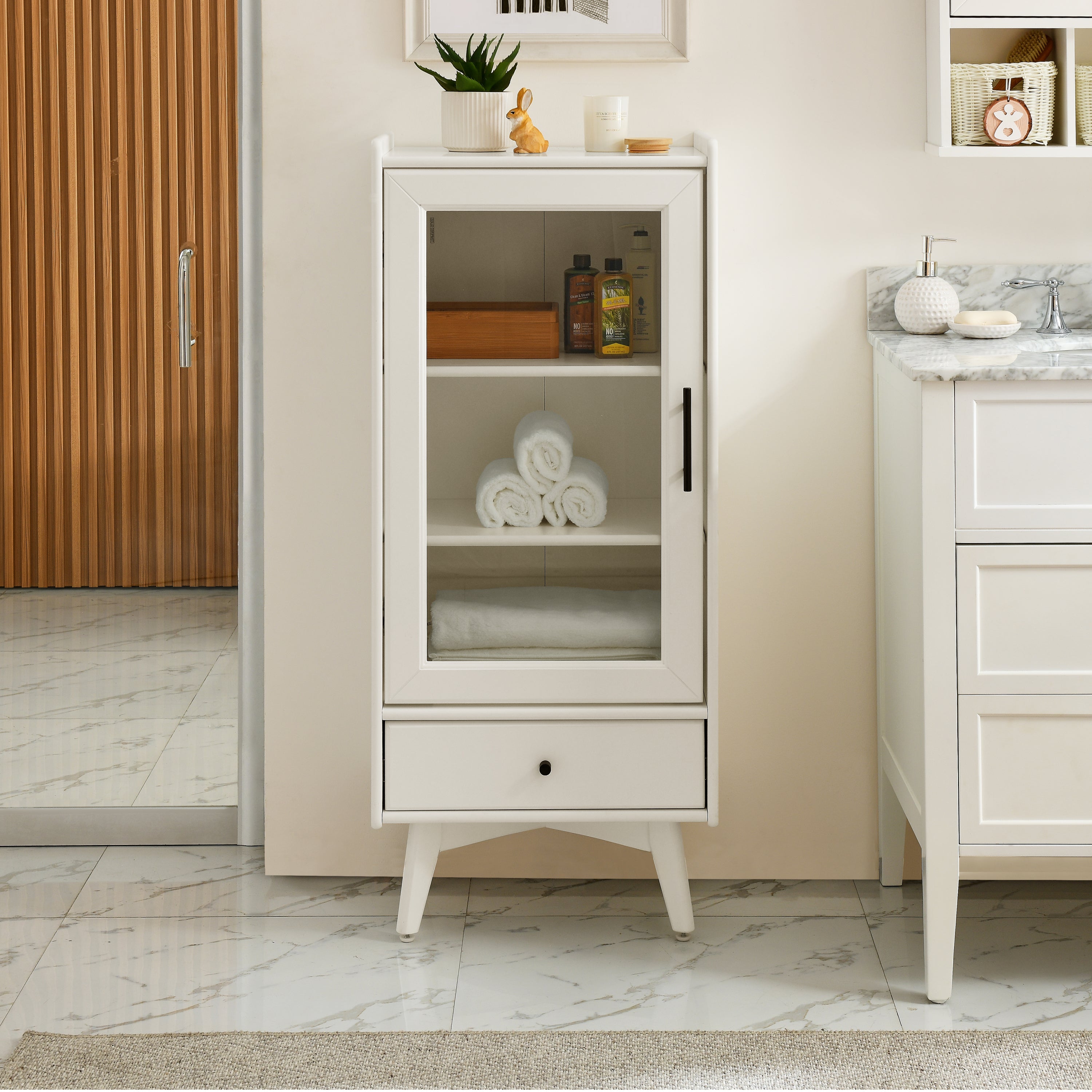 🆓🚛 Modern Bathroom Storage Cabinet, Glass Door, Double Adjustable Shelves & One Drawer, White (19.75"×13.75"×46")