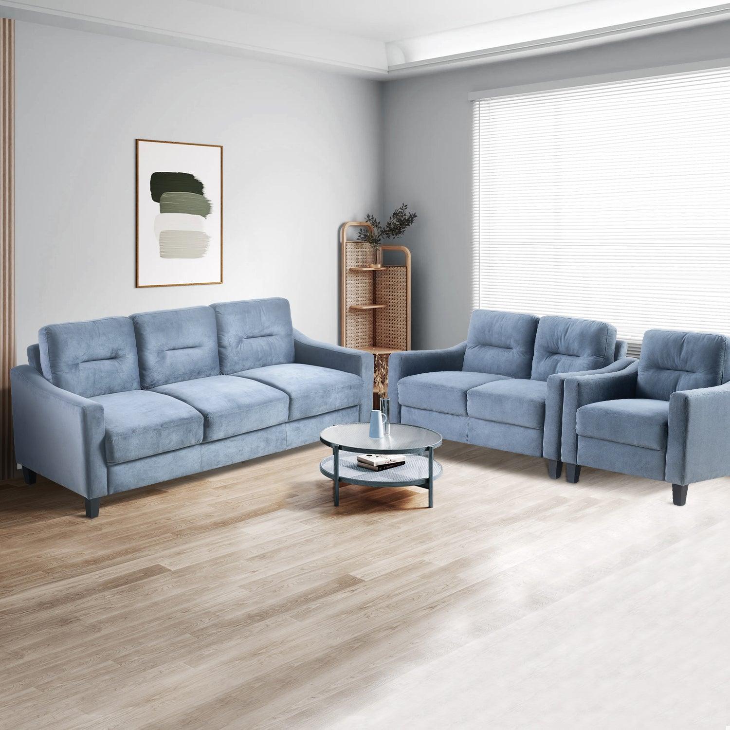 🆓🚛 Living Room Furniture Sofa Set, Three-Seater, Loveseat & Single Chair, Chenille Modern Upholstered Sofa Set, Gray/Blue