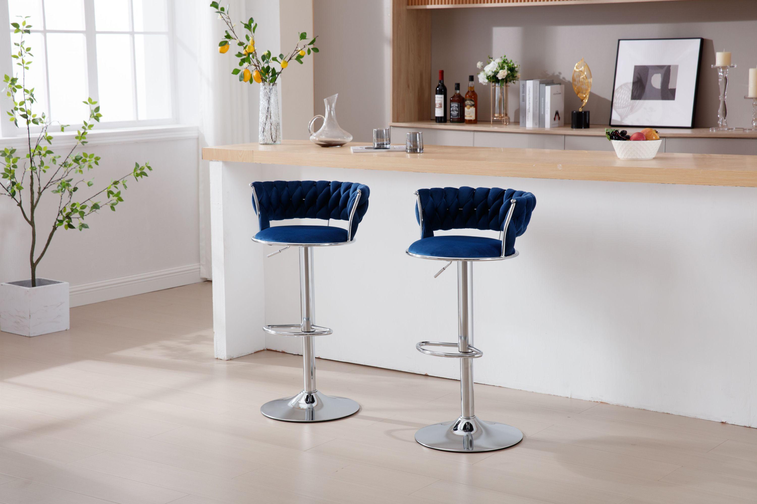 🆓🚛 Set Of 2 Bar Stools, With Chrome Footrest & Base Swivel Height Adjustable Mechanical Lifting Velvet + Bar Stool-Blue