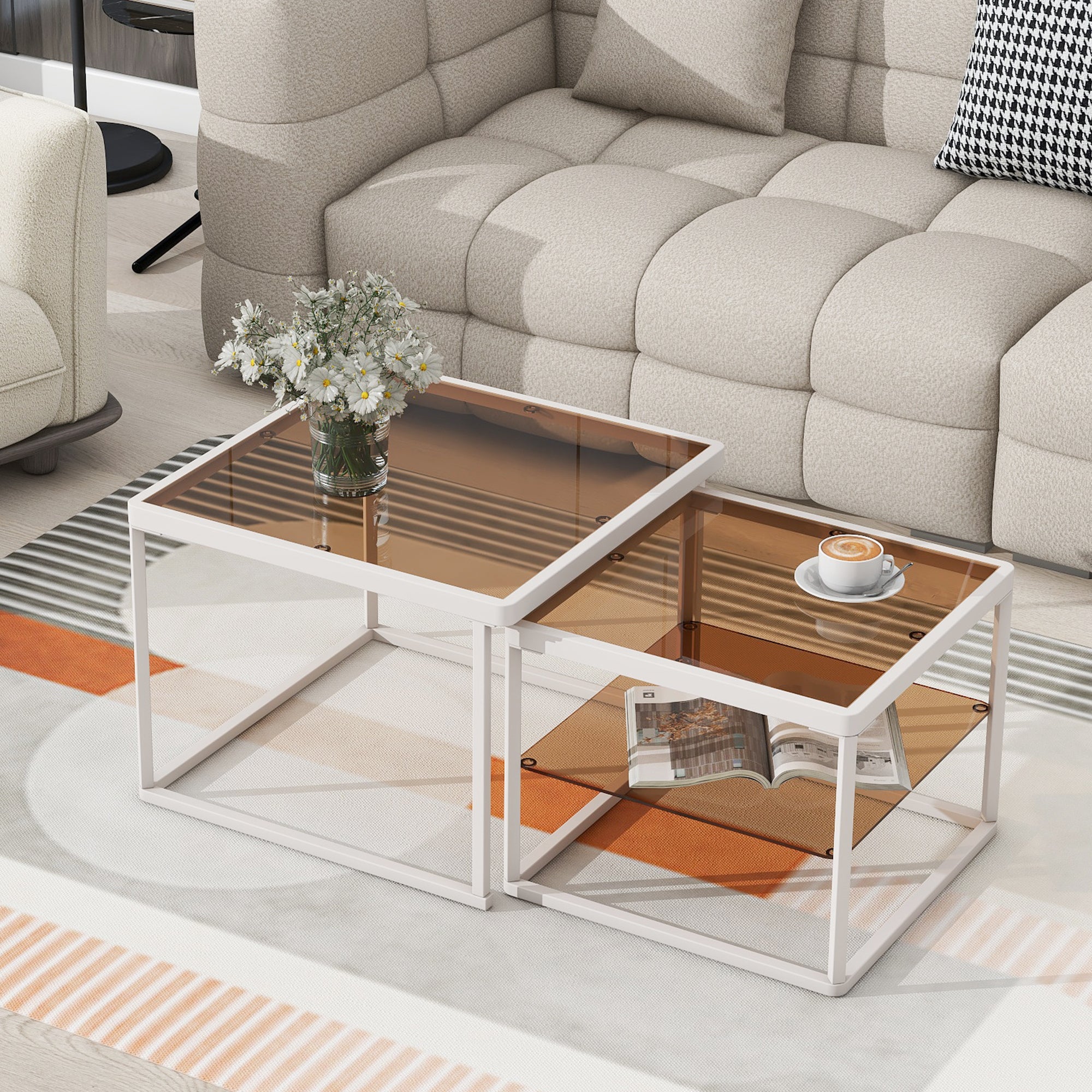 🆓🚛 Modern Nested Coffee Table Set With High-Low Combination Design, Brown Tempered Glass Cocktail Table With Metal Frame, Length Adjustable 2-Tier Center&End Table for Living Room, White