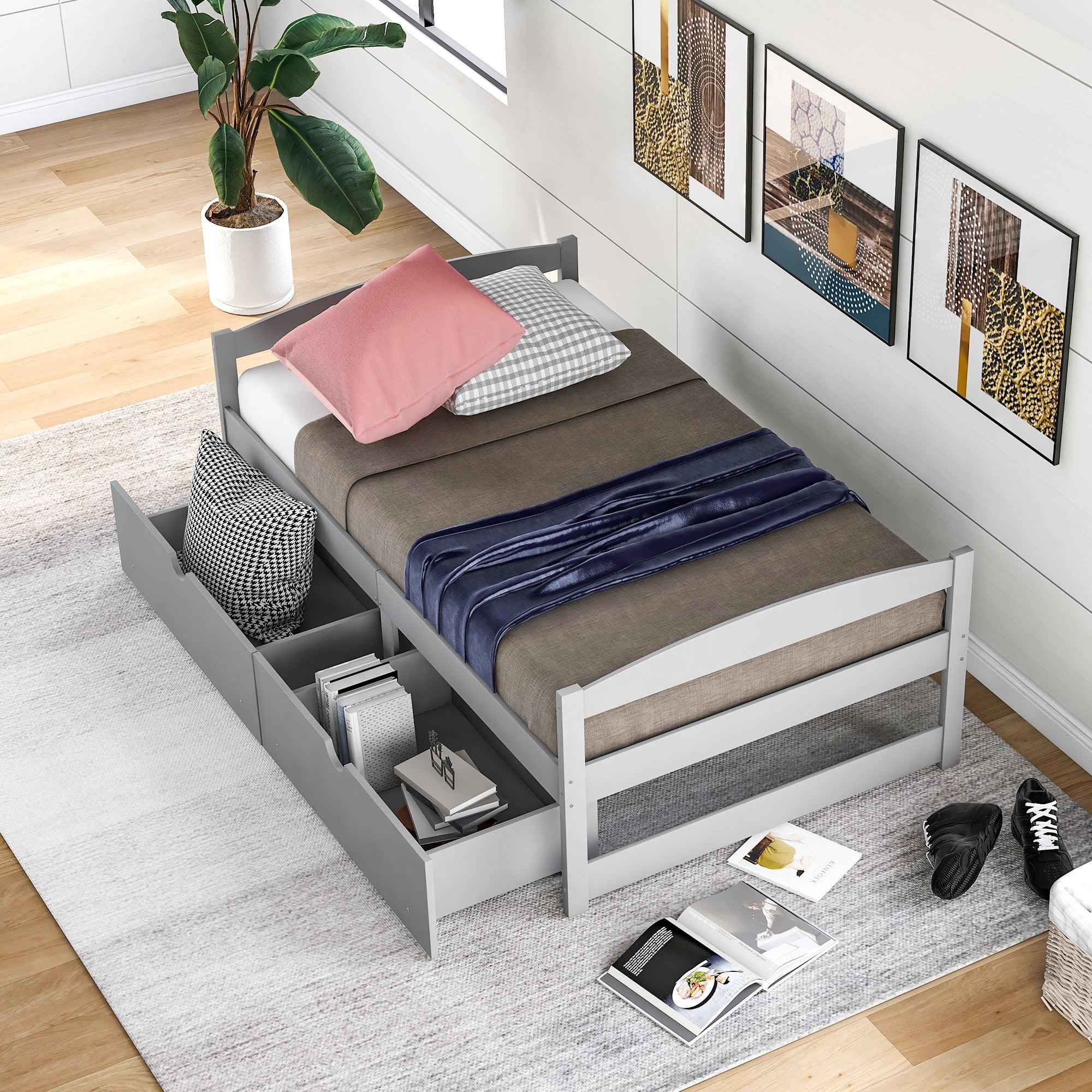 🆓🚛 Twin Size Platform Bed, With Two Drawers, Gray