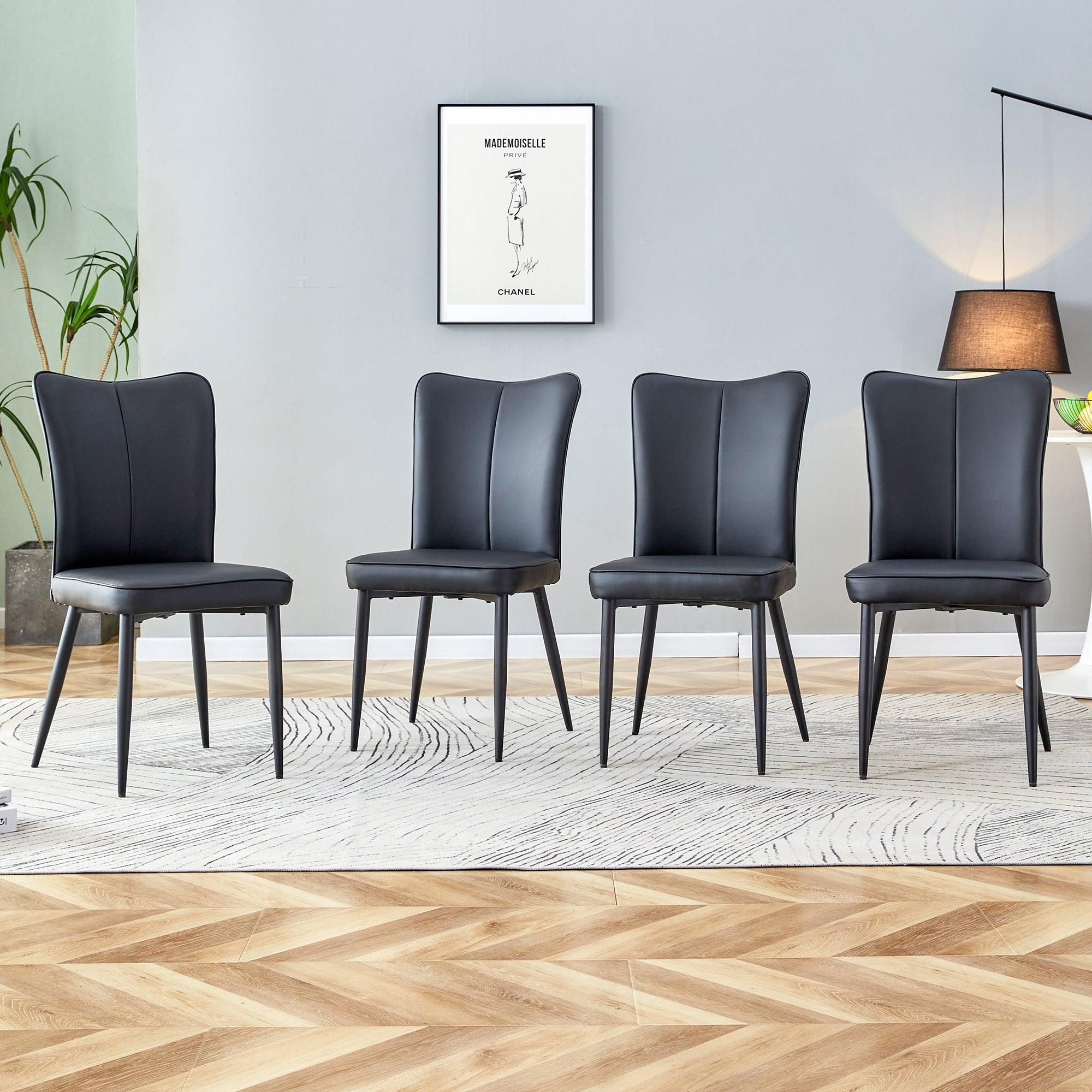 🆓🚛 Modern Minimalist Dining Chairs, Black Pu Leather Curved Backrest & Seat Cushions, Black Metal Chair Legs, Suitable for Restaurants, Bedrooms, & Living Rooms a Set Of 4 Chairs.