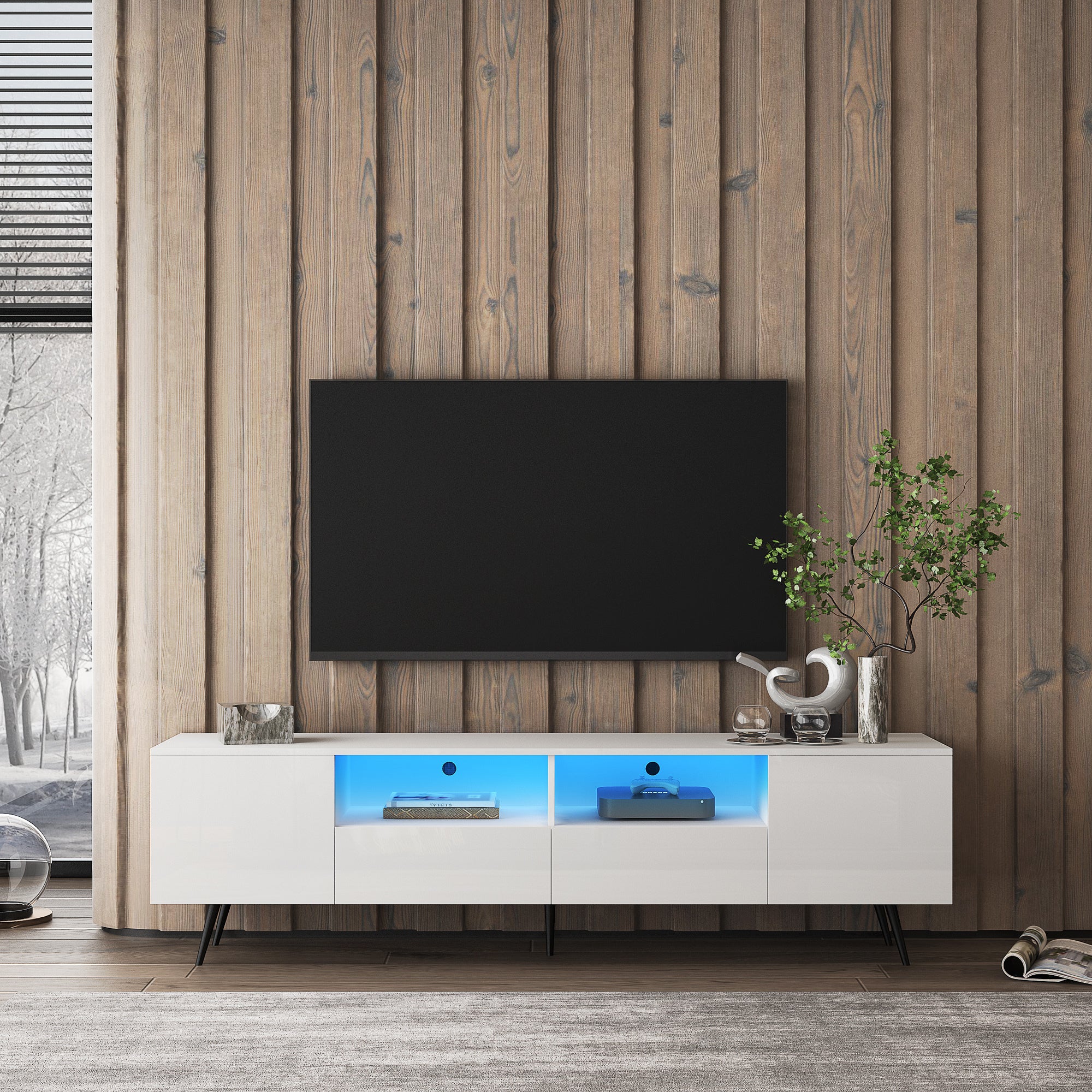 🆓🚛 Modern White TV Stand, 16 Colors LED TV Stand W/Remote Control Lights