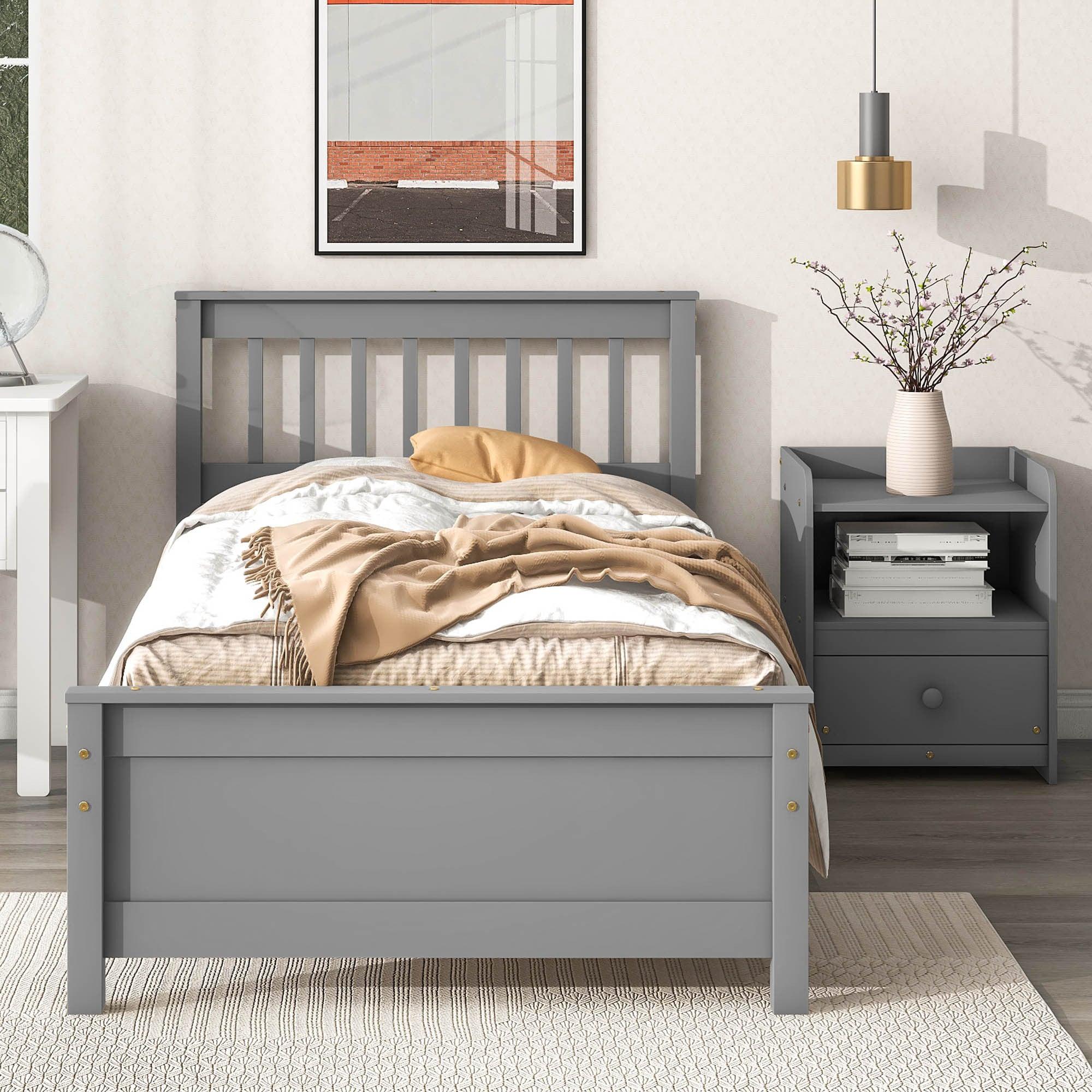 🆓🚛 Twin Bed With Headboard & Footboard for Kids, Teens & Adults With a Nightstand, Gray