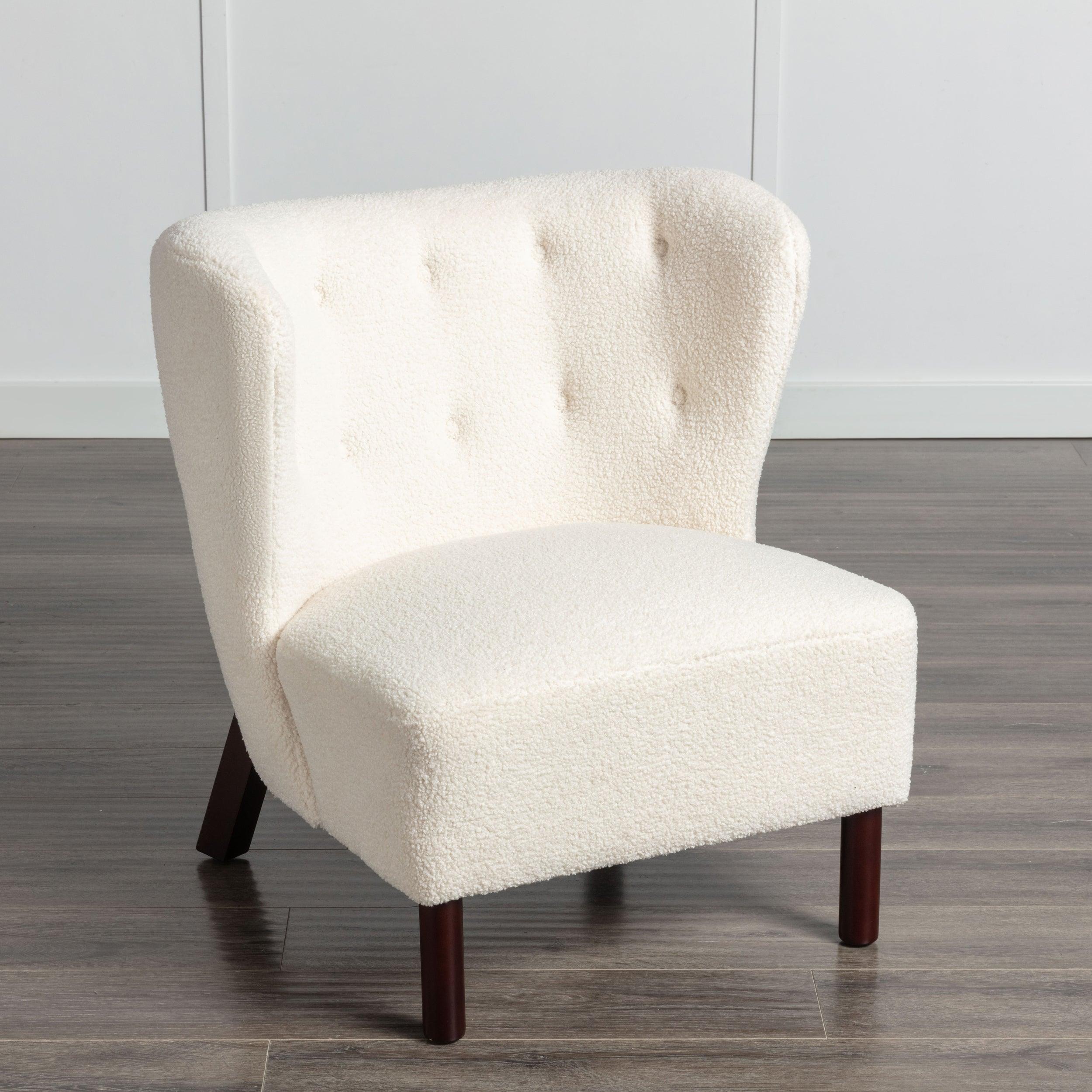 🆓🚛 Accent Chair, Upholstered Armless Chair Lambskin Sherpa Single Sofa Chair With Wooden Legs, Modern Reading Chair for Living Room Bedroom Small Spaces Apartment, Cream