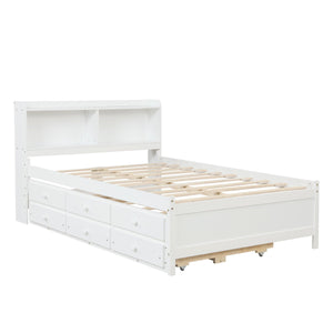 Full Bed With Bookcase, Twin Trundle & Drawers, White