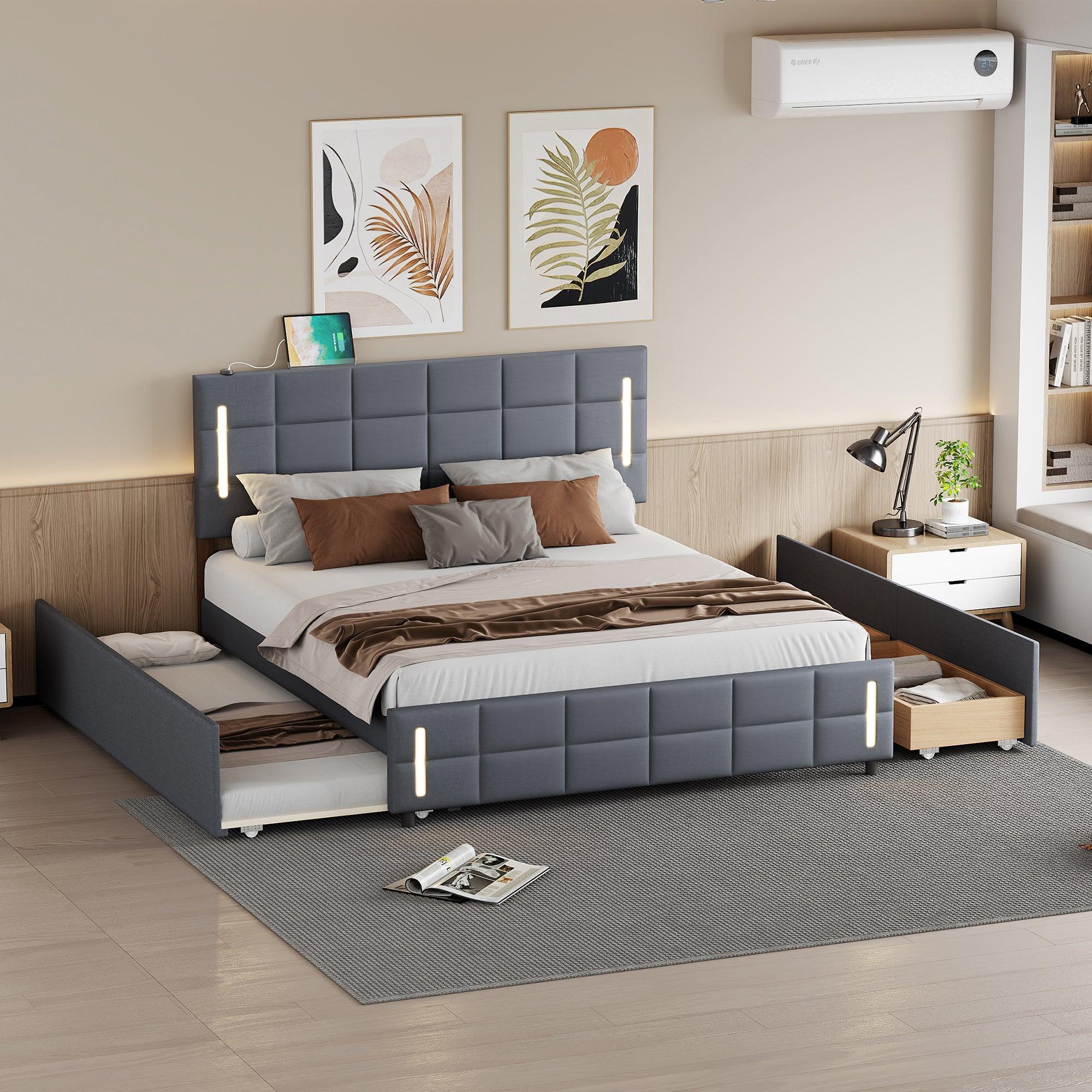 🆓🚛 Queen Size Upholstered Platform Bed With Trundle & Drawers, Gray