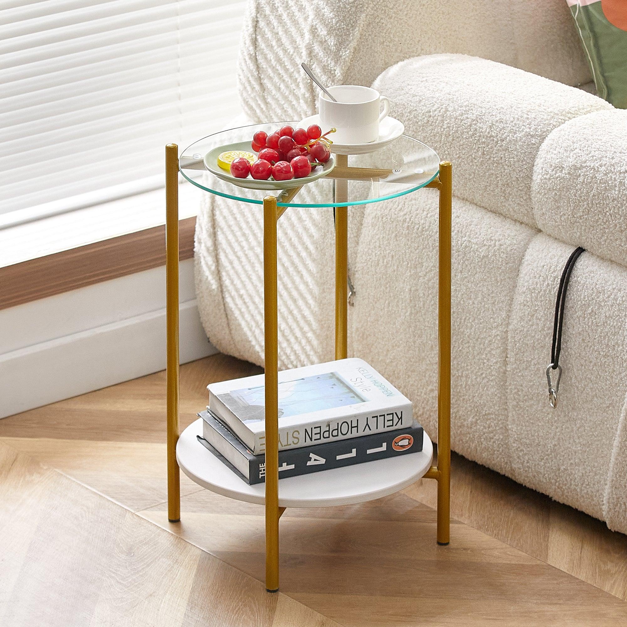 🆓🚛 2-Layer End Table With Tempered Glass & Marble Tabletop, Round Coffee Table With Golden Metal Frame for Bedroom Living Room Office (1 Piece)