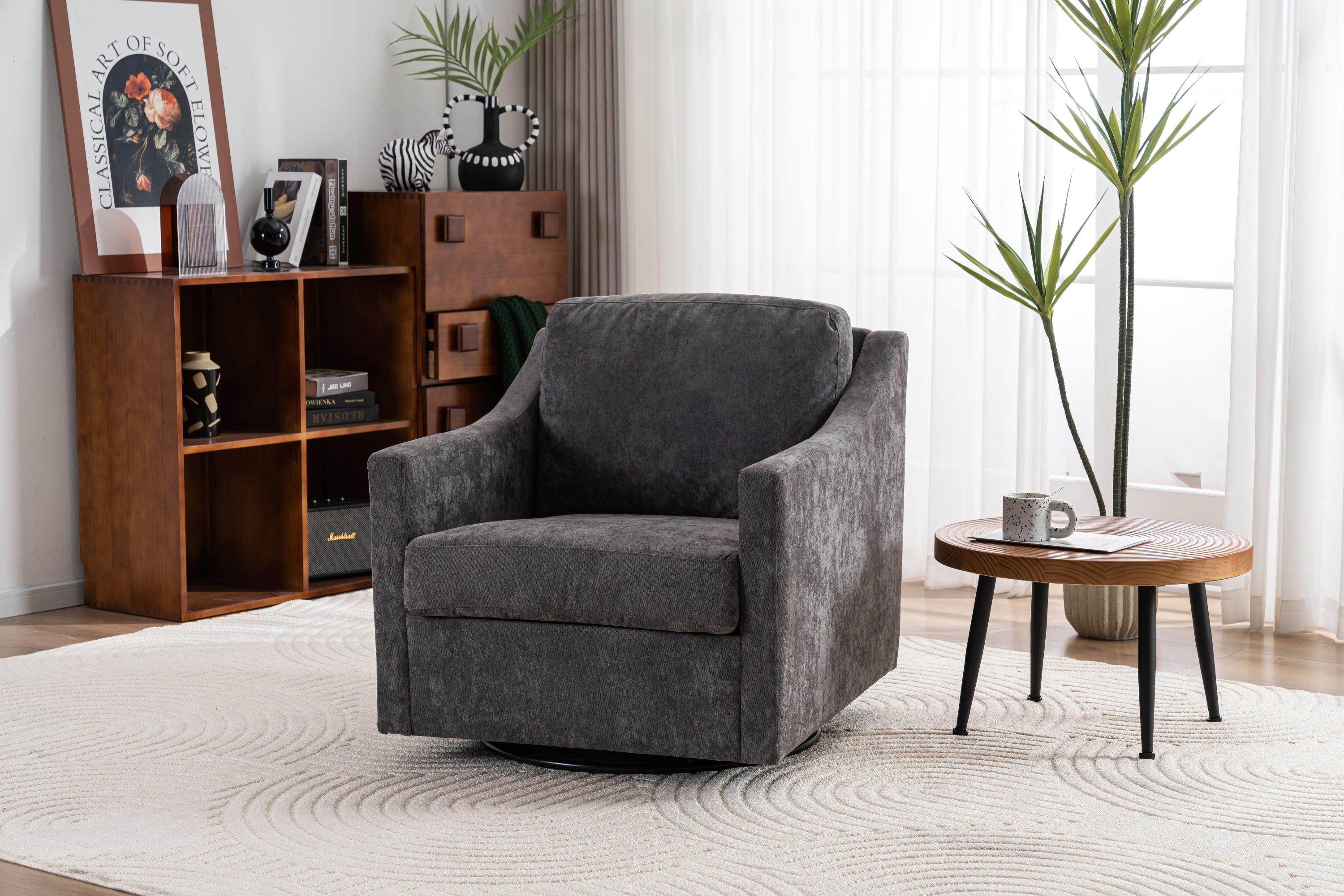 🆓🚛 Large Upholstered Swivel Armchair, Modern, Skin-Friendly, Gradient Color Linen Fabric, Gray