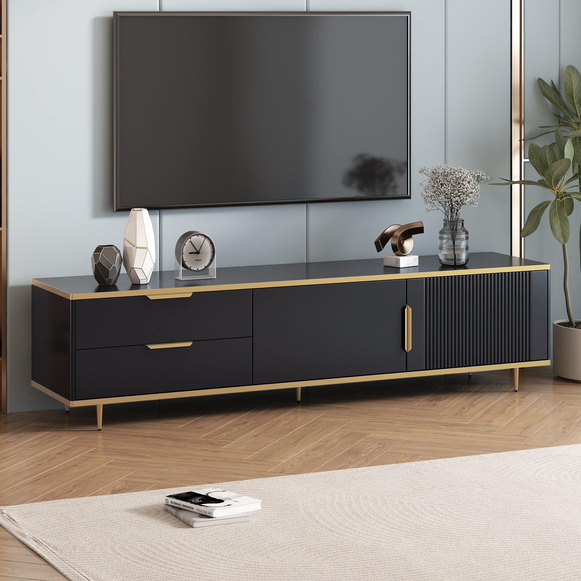 🆓🚛 Modern Tv Stand for 65+ Inch Tv, Entertainment Center Tv Media Console Table, With 2 Drawers & 2 Cabinets, Tv Console Cabinet Furniture for Living Room, Black & Gold
