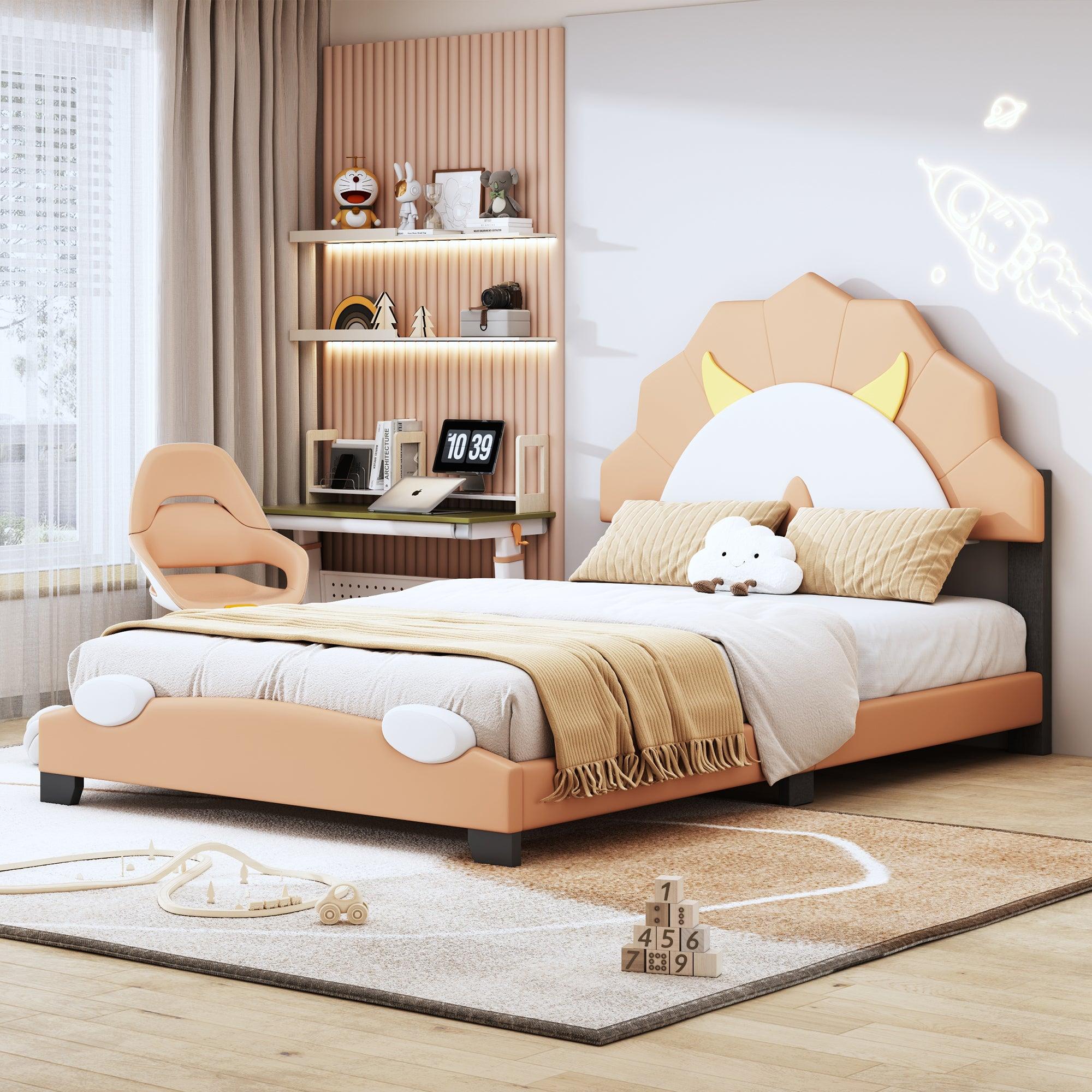 🆓🚛 Twin Size Upholstered Leather Platform Bed With Lion-Shaped Headboard, Brown