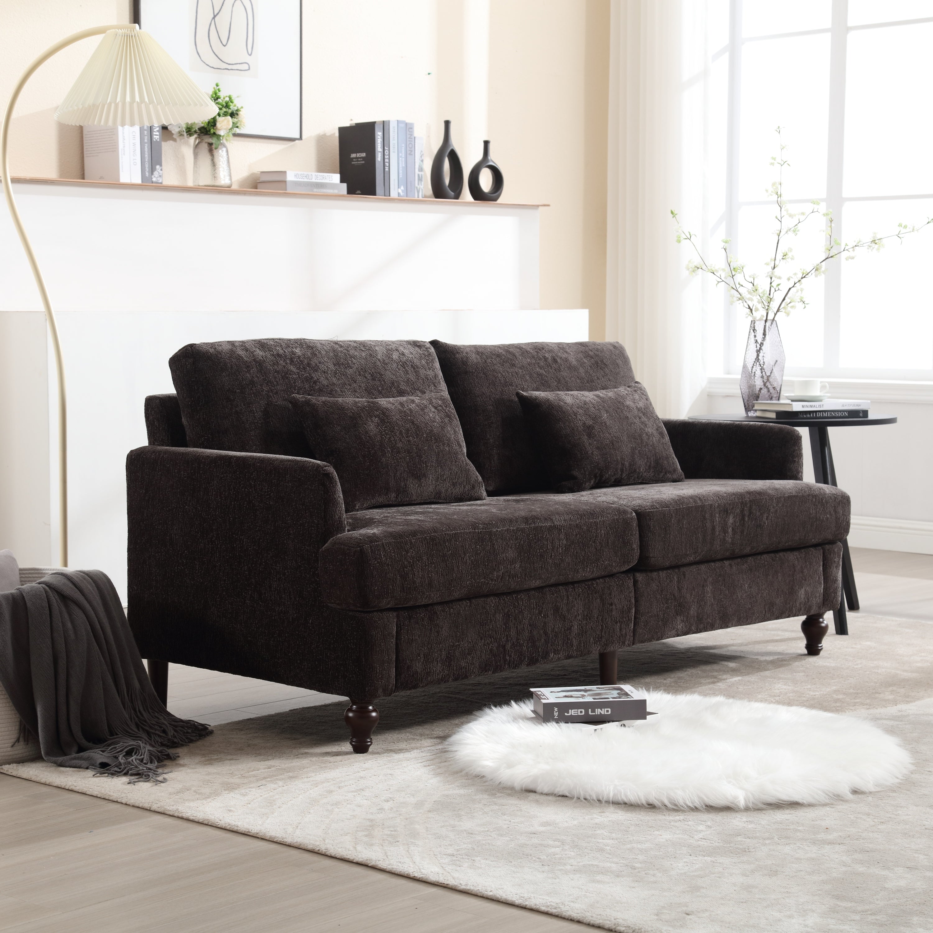 🆓🚛 68.9" Modern Chenille Fabric Loveseat, 2-Seat Upholstered Loveseat Sofa Modern Couch, Black