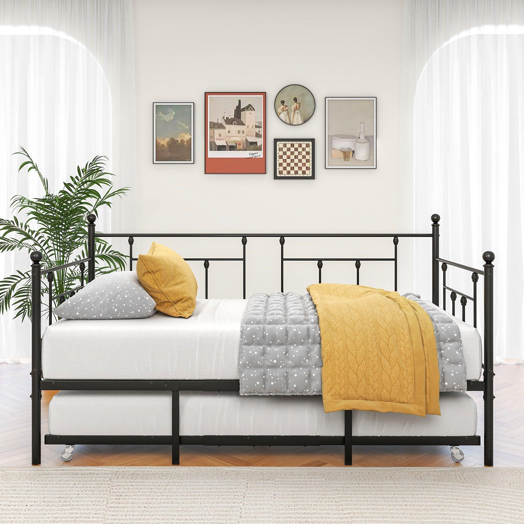 🆓🚛 Metal Daybed Frame Twin Size Platform With Trundle, No Box Spring Needed Black