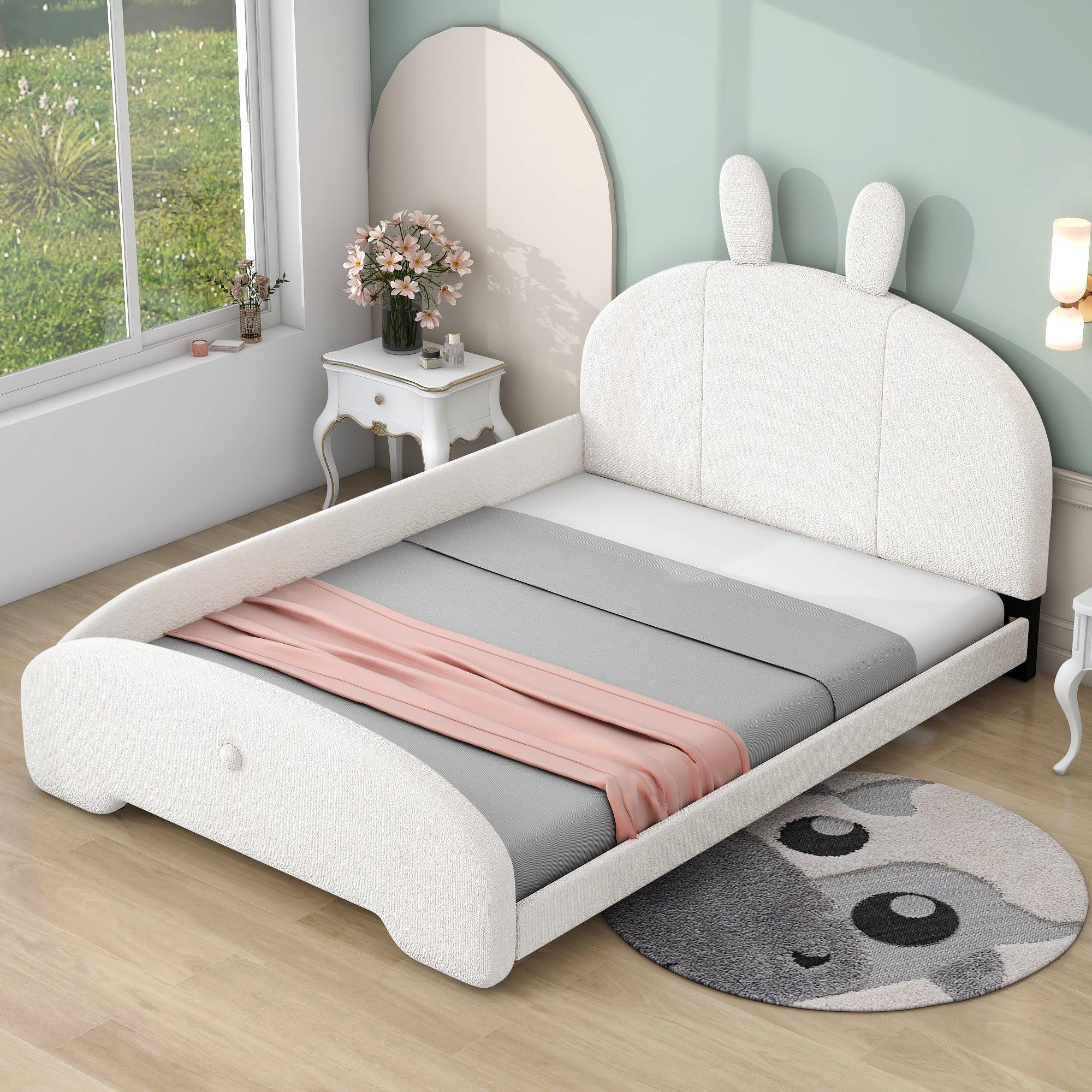 🆓🚛 Full Size Upholstered Platform Bed With Cartoon Ears Shaped Headboard, White