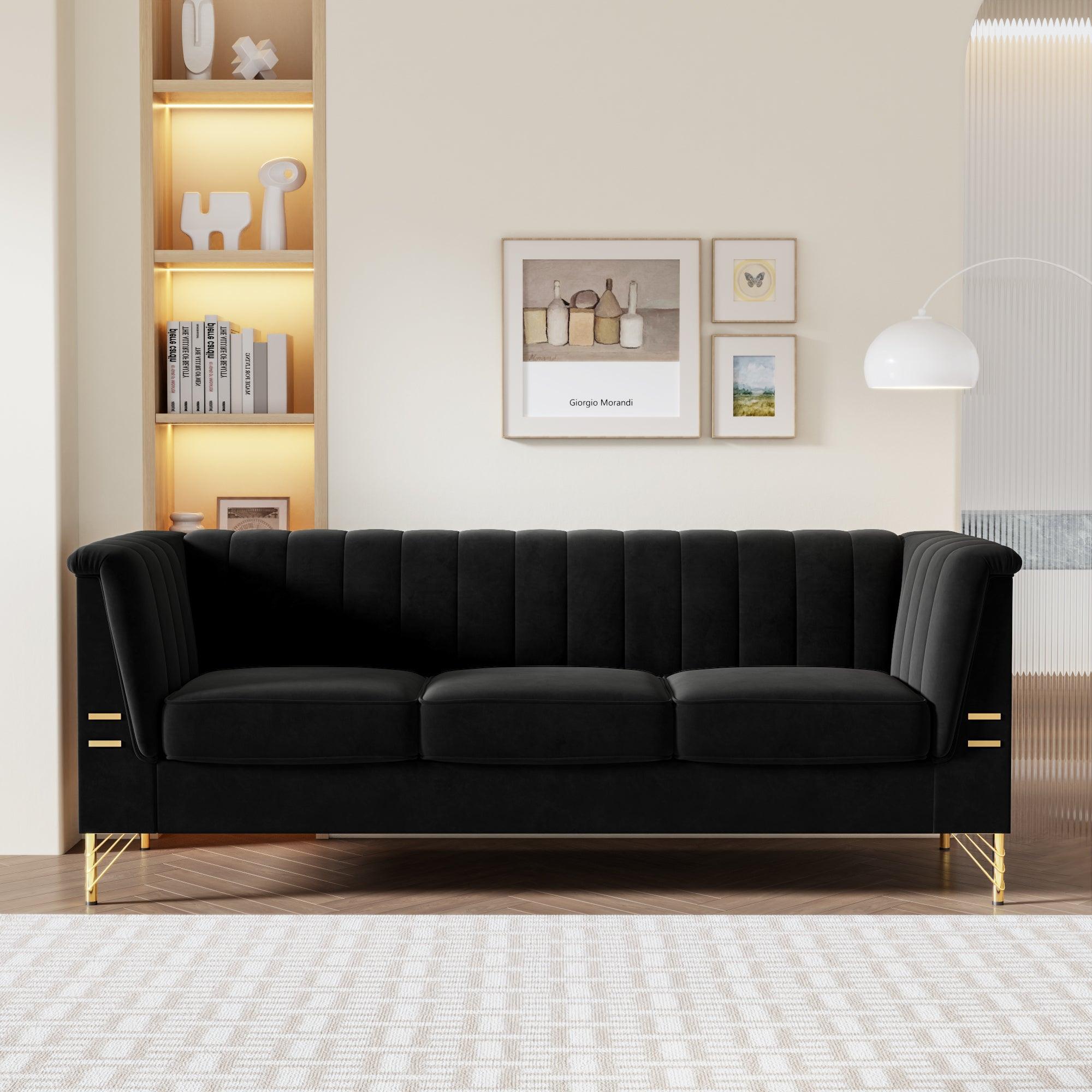 🆓🚛 82.67" Velvet Tight Back Chesterfield Design Couch Upholstered Sofa With Metal Legs