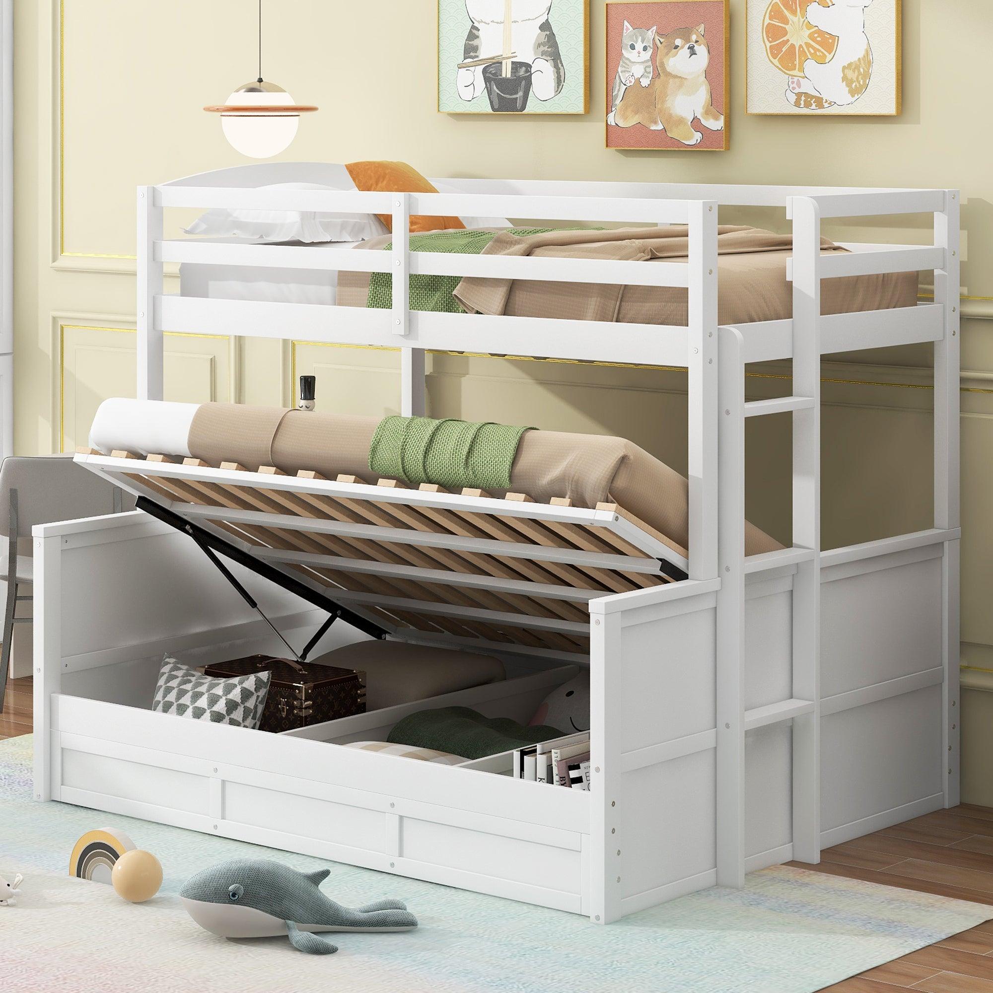 🆓🚛 Wood Twin Over Full Bunk Bed With Hydraulic Lift Up Storage, White