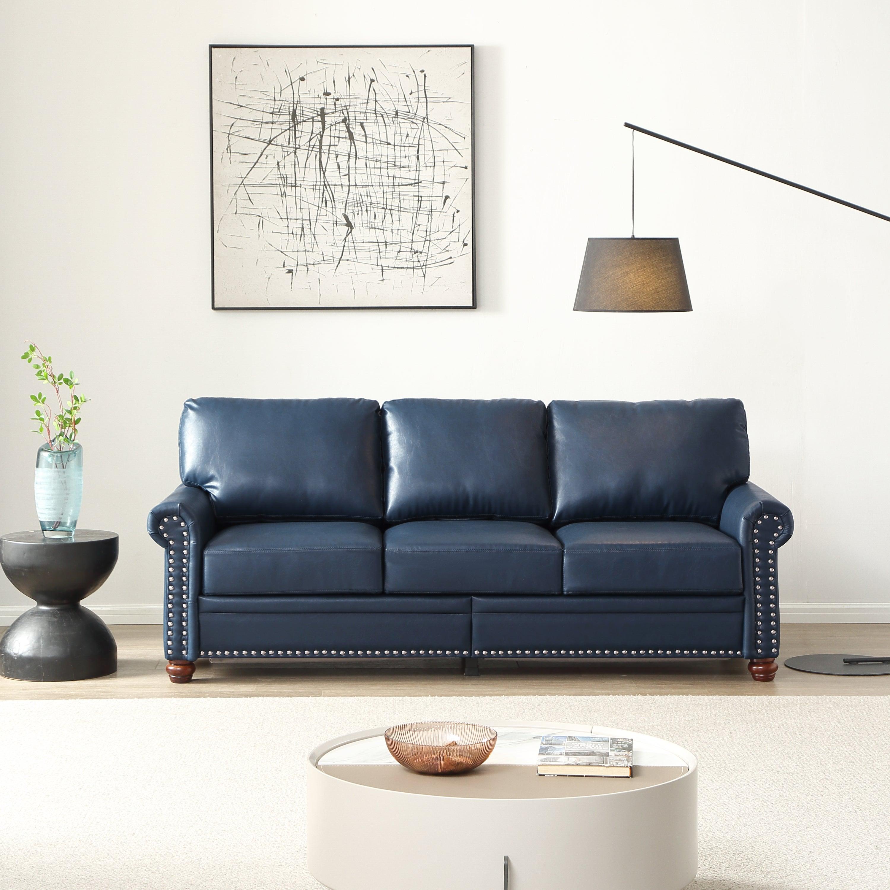 🆓🚛 Classic Living Room Nails Sofa Navy Blue Faux Leather