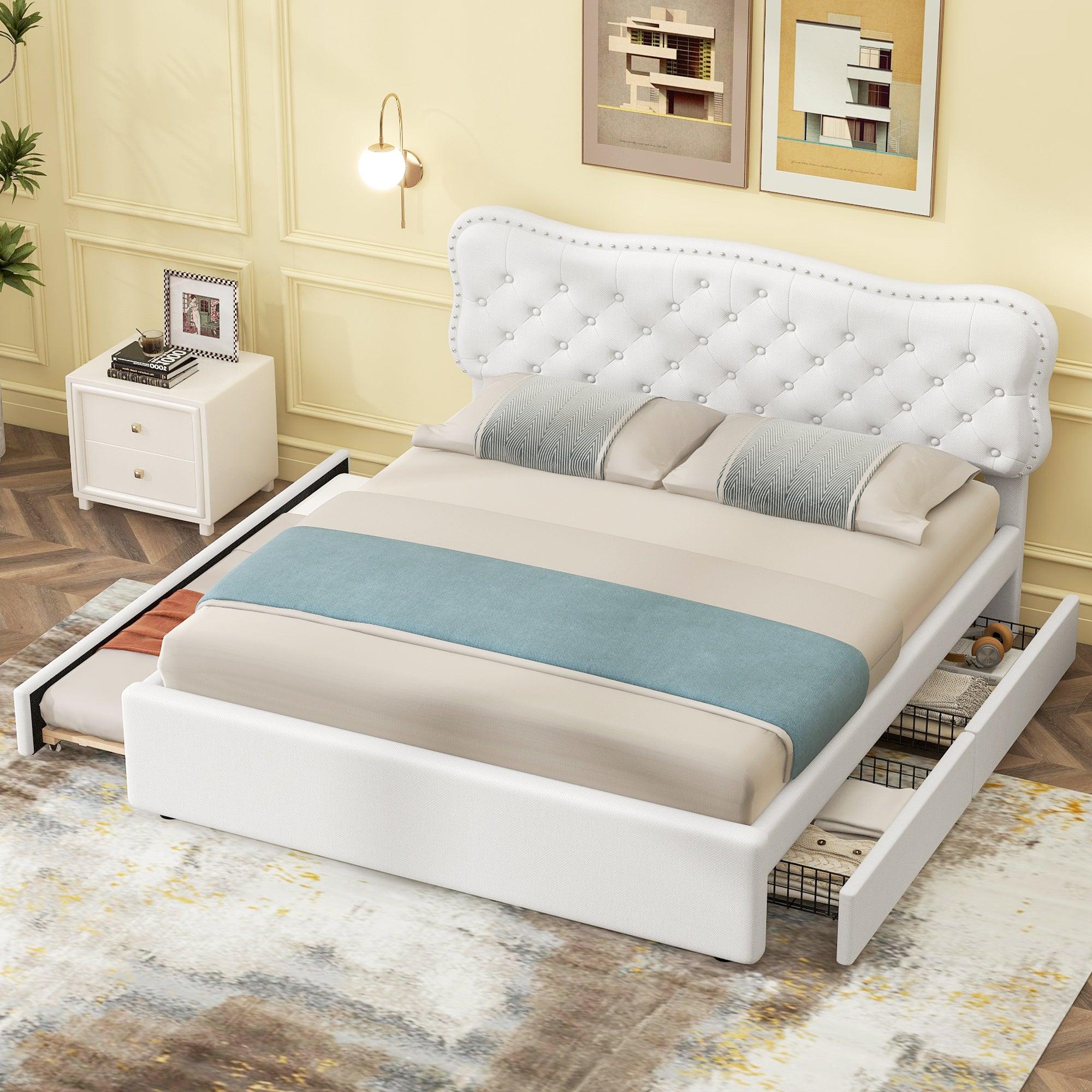 🆓🚛 Queen Size Upholstery Platform Bed With Storage Drawers & Trundle, White