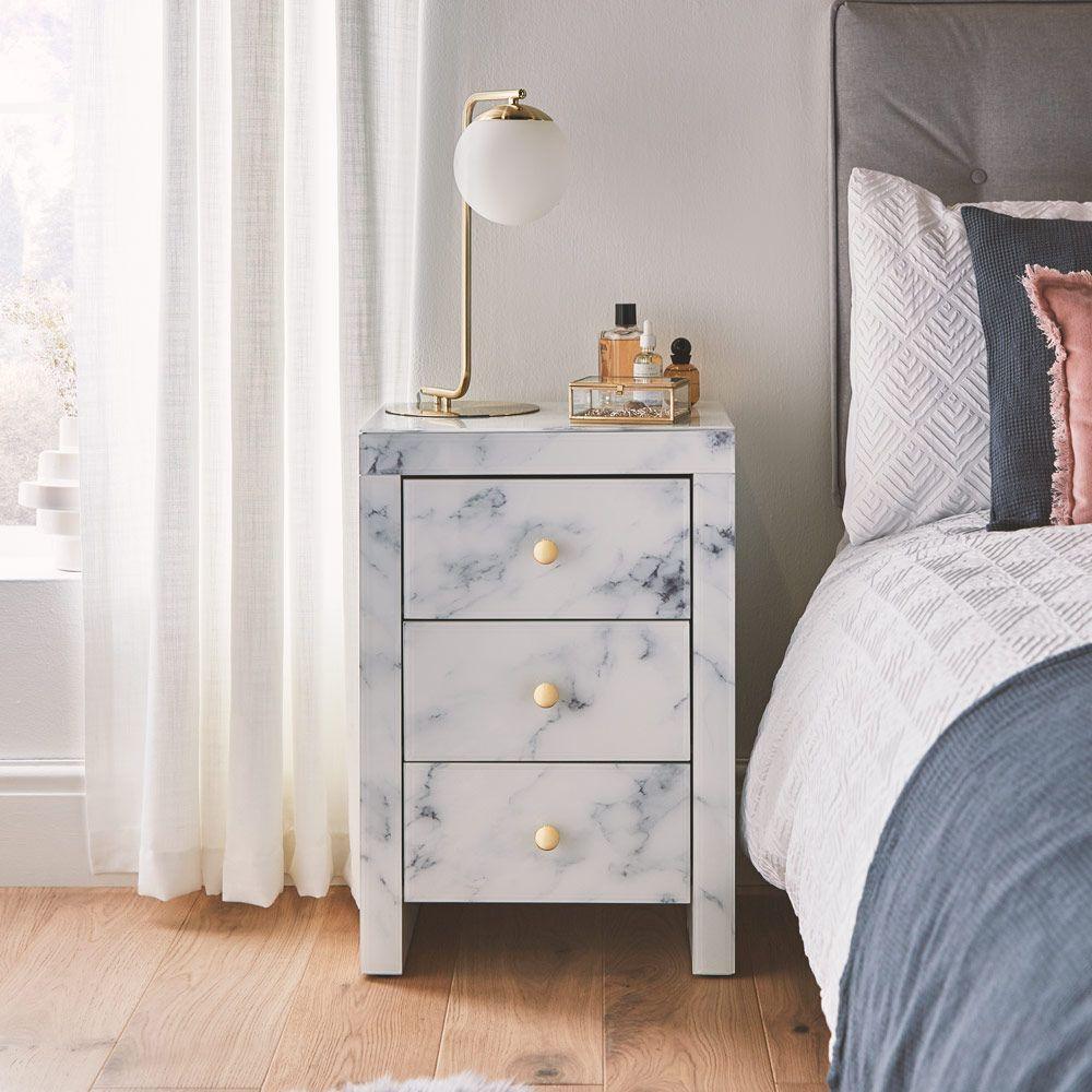 🆓🚛 Tempered Glass Nightstand, Marble Nightstand With 3 Drawers, Side Table for Bedroom, Living Room