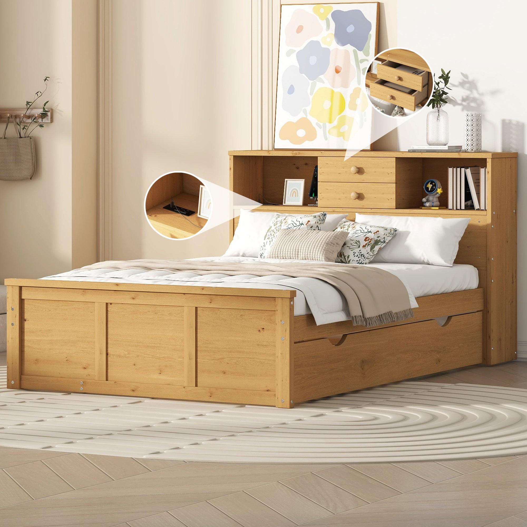 🆓🚛 Full Size Wood Pltaform Bed With Twin Size Trundle, 3 Drawers, Upper Shelves & a Set Of Usb Ports & Sockets, Natural